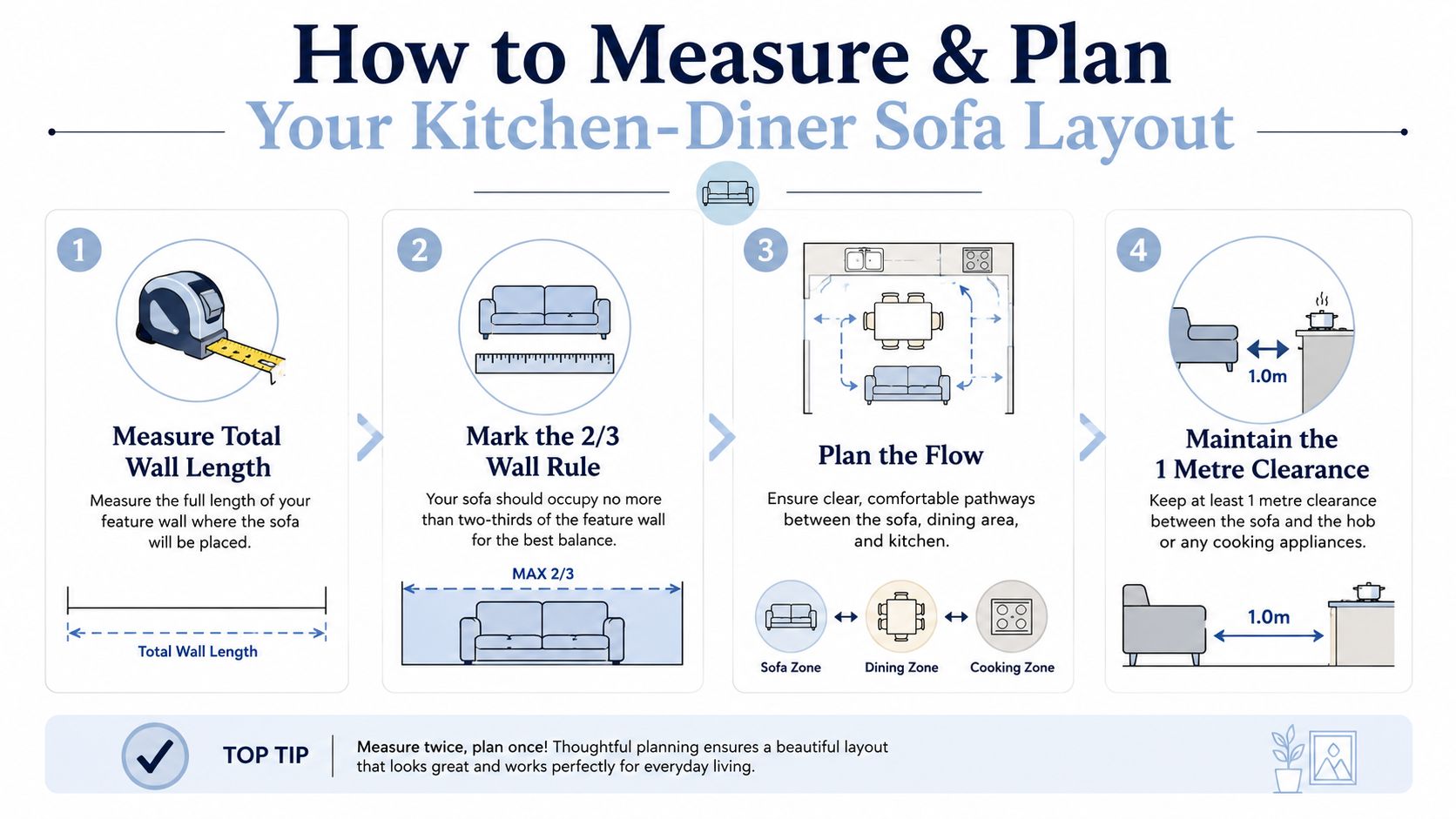 An infographic showing four essential steps for planning and measuring a sofa layout in a kitchen-diner space.