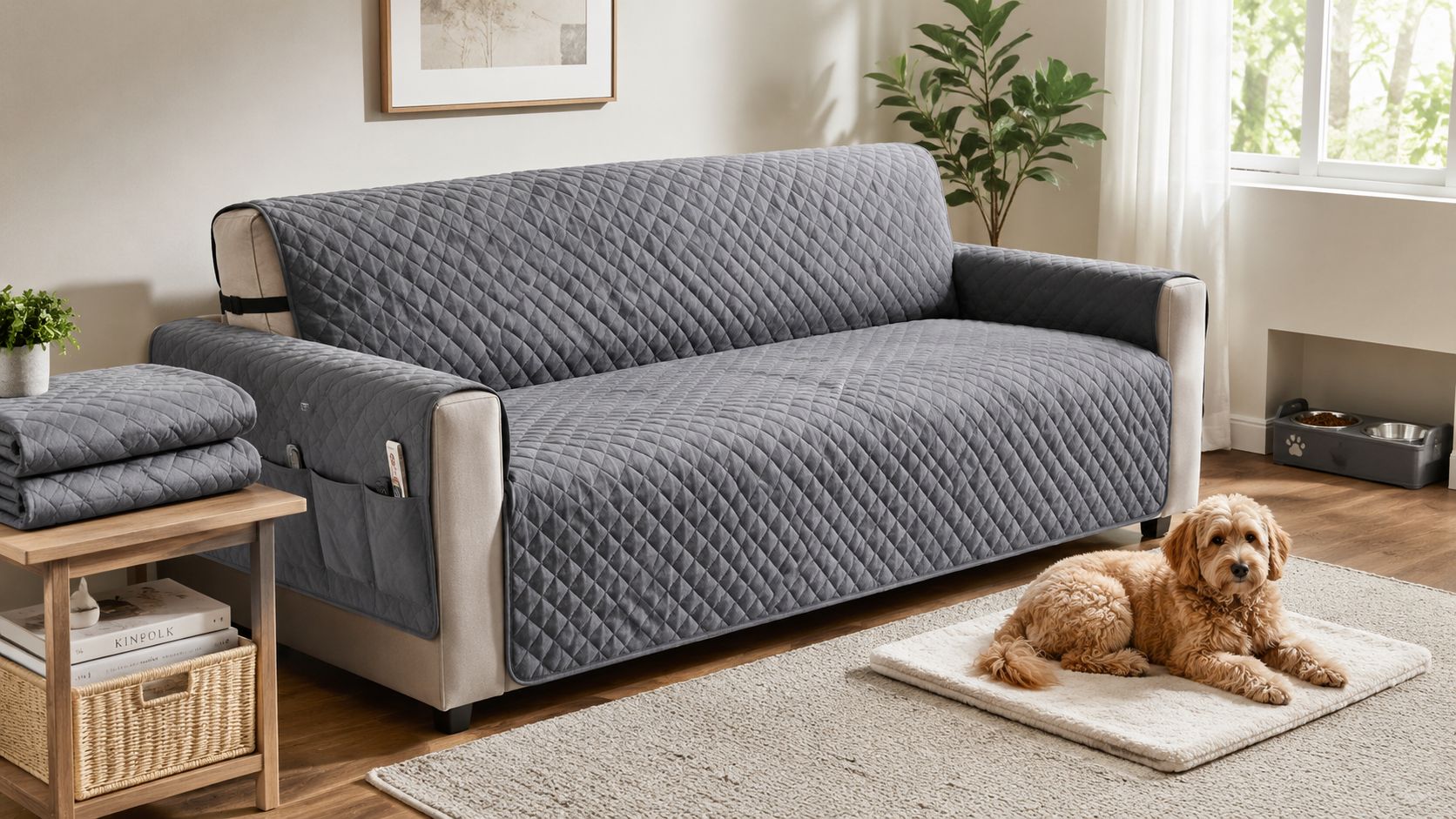 A cozy living room featuring a grey quilted sofa cover on a neutral couch with a pet dog.