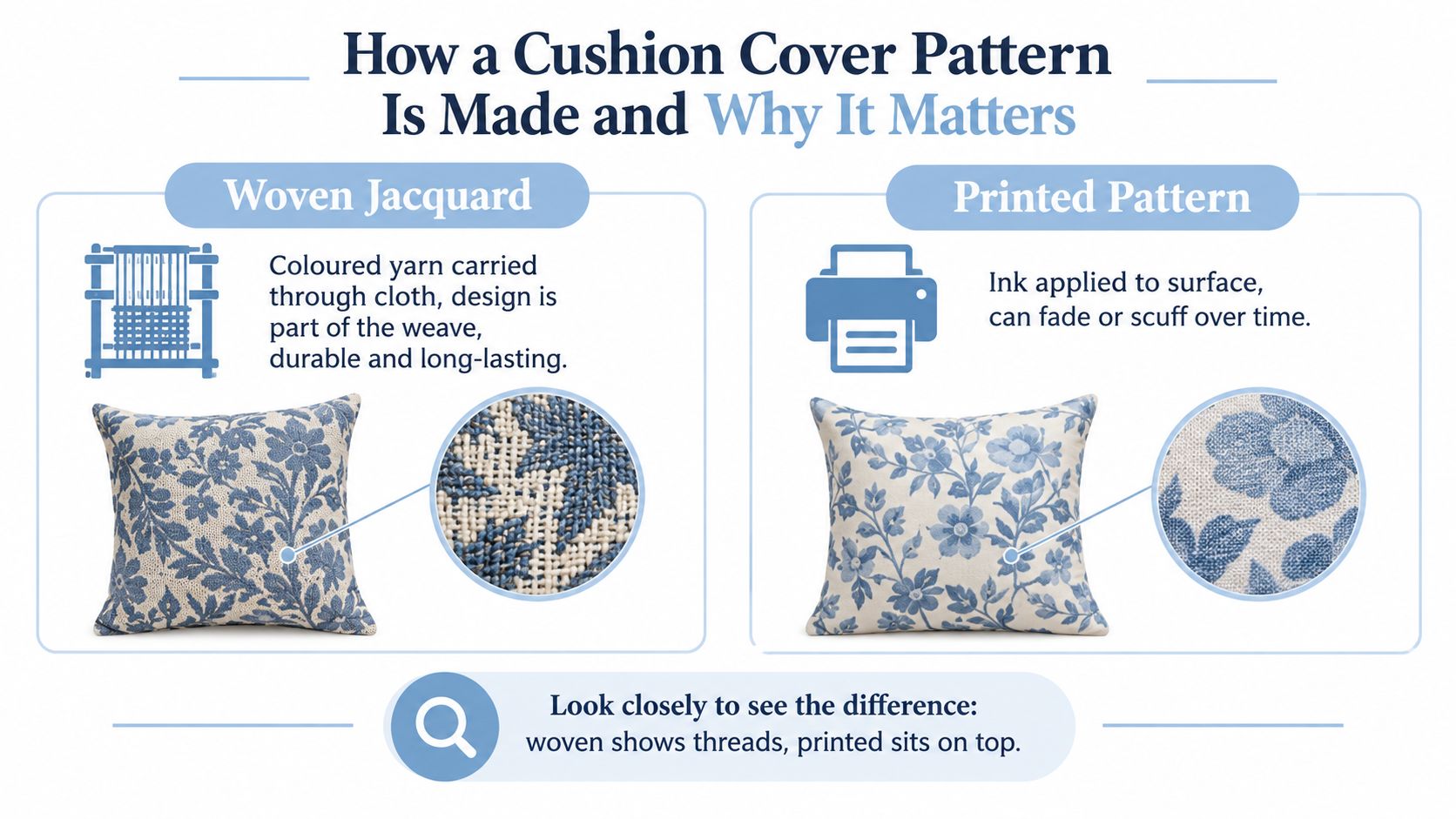 An infographic comparing woven jacquard and printed pattern cushion covers, showing the difference in texture and technique.