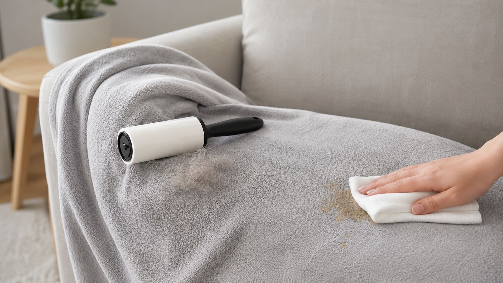 A hand cleans a spill on a gray machine washable throw blanket with a lint roller nearby.