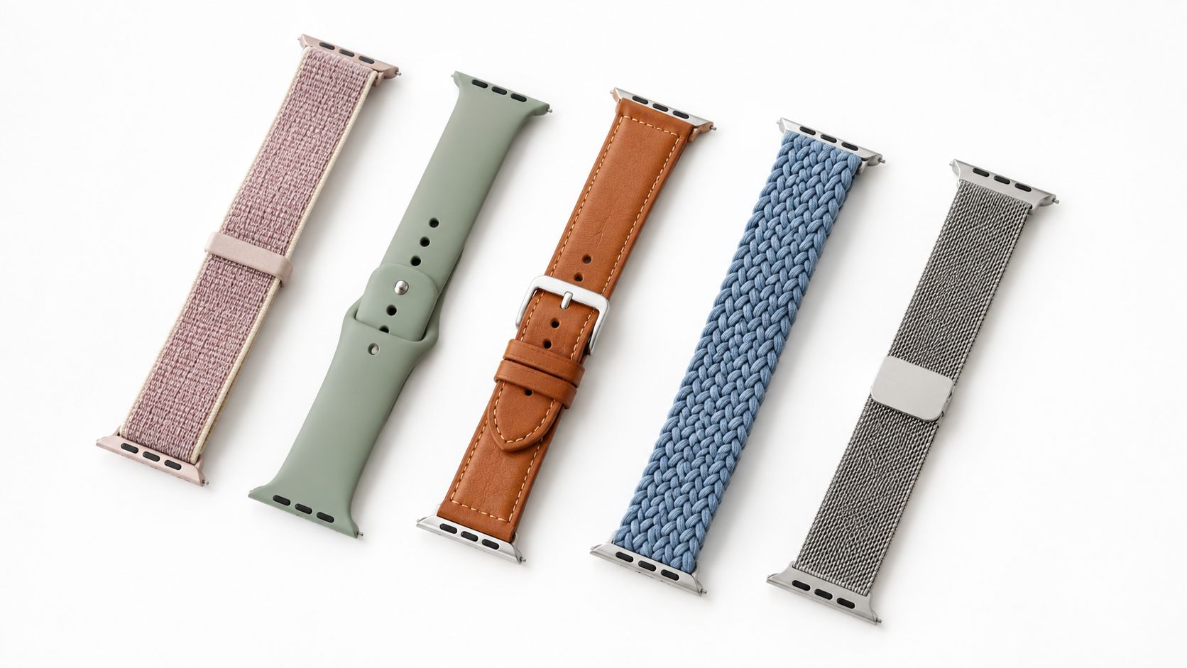 Five different types of Apple Watch replacement bands lined up vertically against a white background.