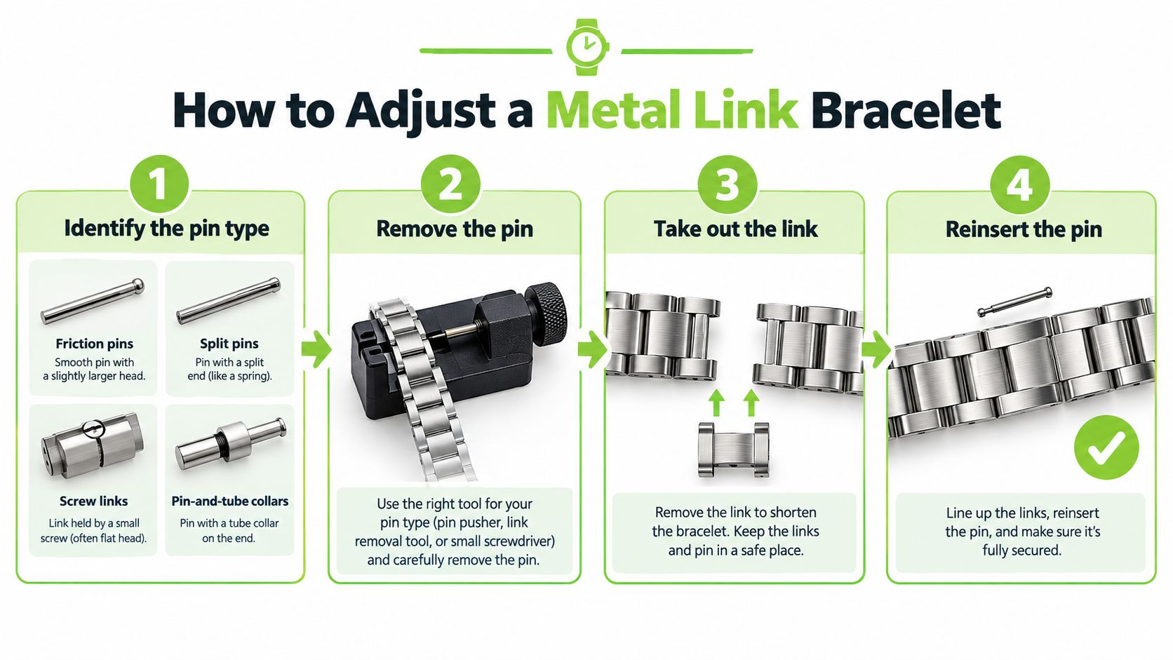 A step-by-step infographic showing how to remove links to adjust the size of a metal watch bracelet.
