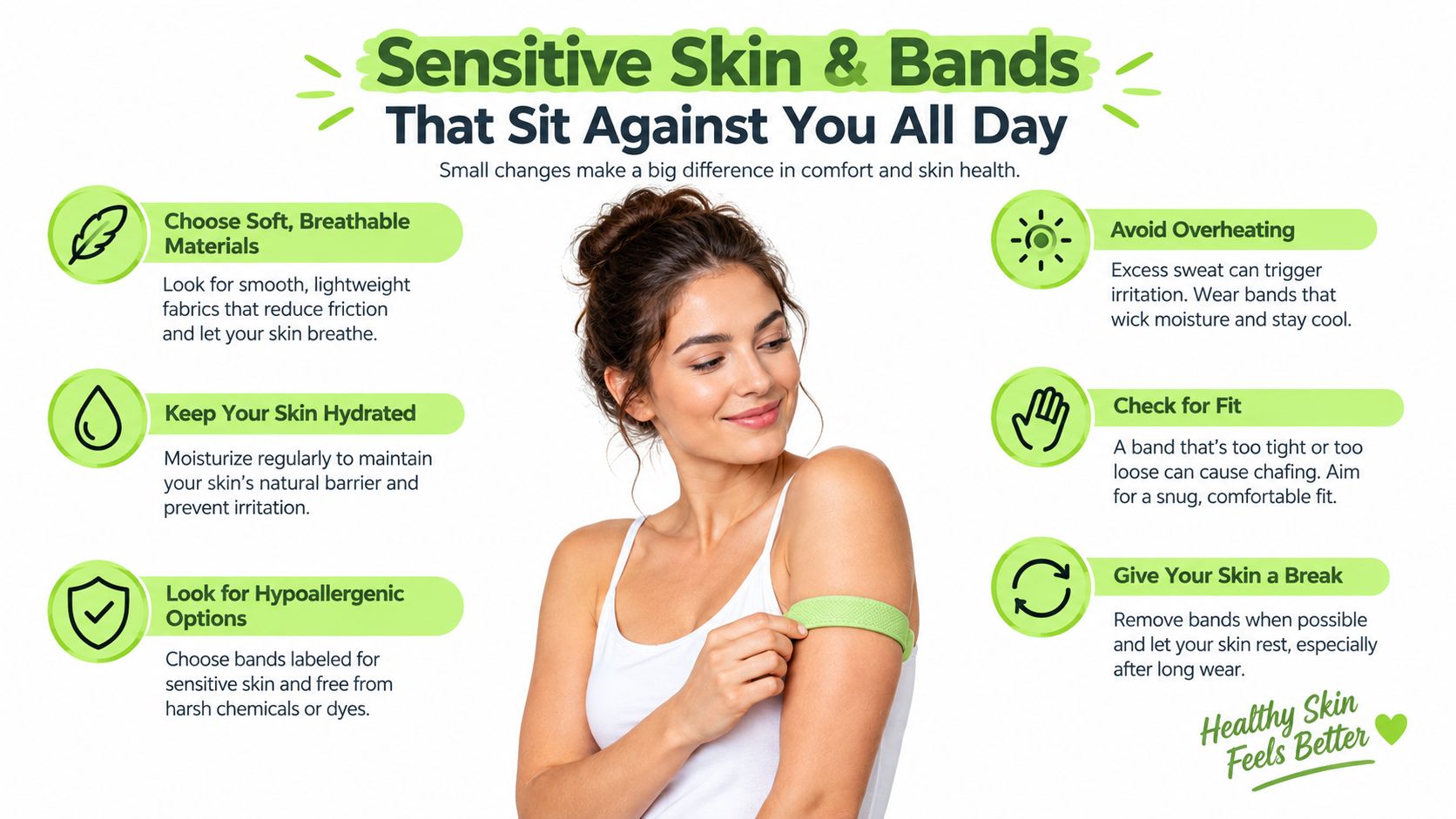 A woman wearing a comfortable arm band with tips for maintaining skin health with wearable bands.