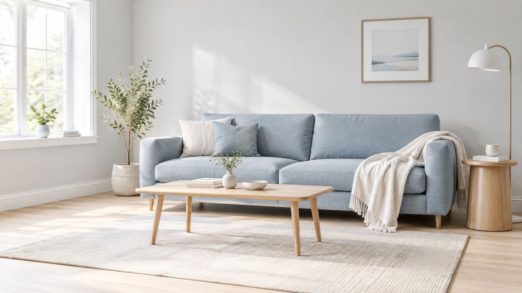 A light blue sofa in a bright, minimalist living room with a wooden coffee table and rug.