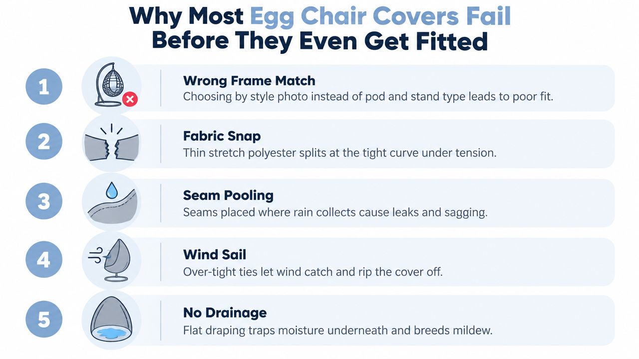 An infographic titled Why Most Egg Chair Covers Fail Before They Even Get Fitted listing five common product issues.