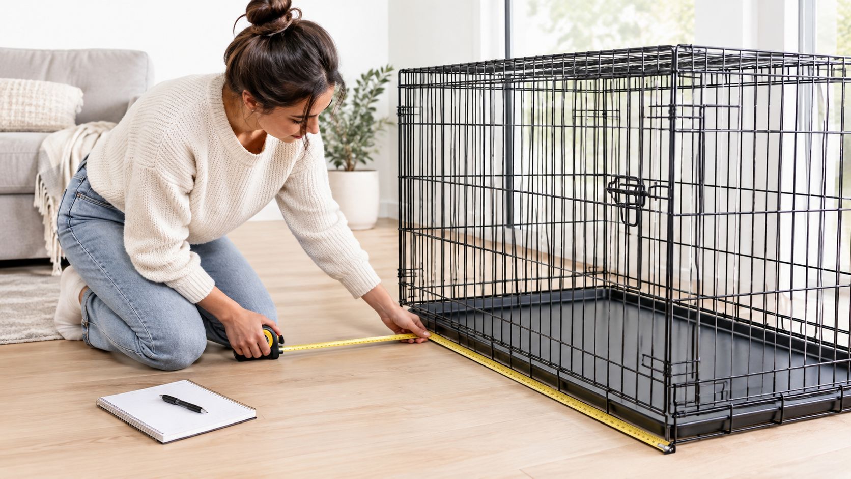 A woman kneeling on a wooden floor, using a tape measure to determine the length of a dog crate.