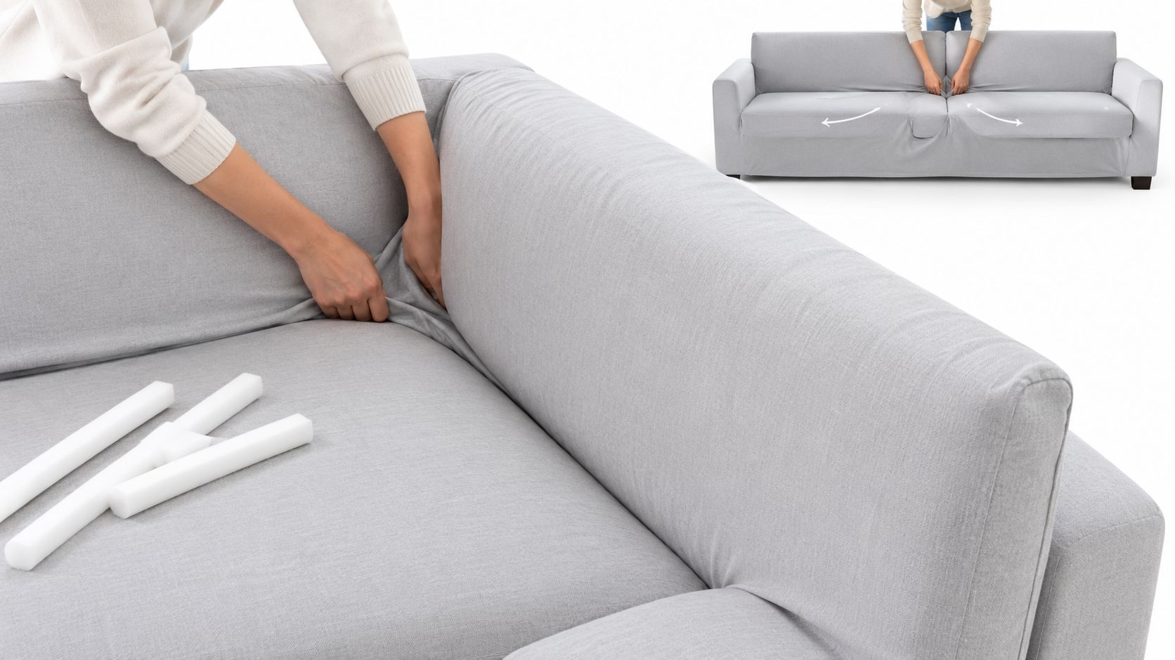 A person tucking a gray stretch sofa cover onto a sofa with foam cylinders for fit.