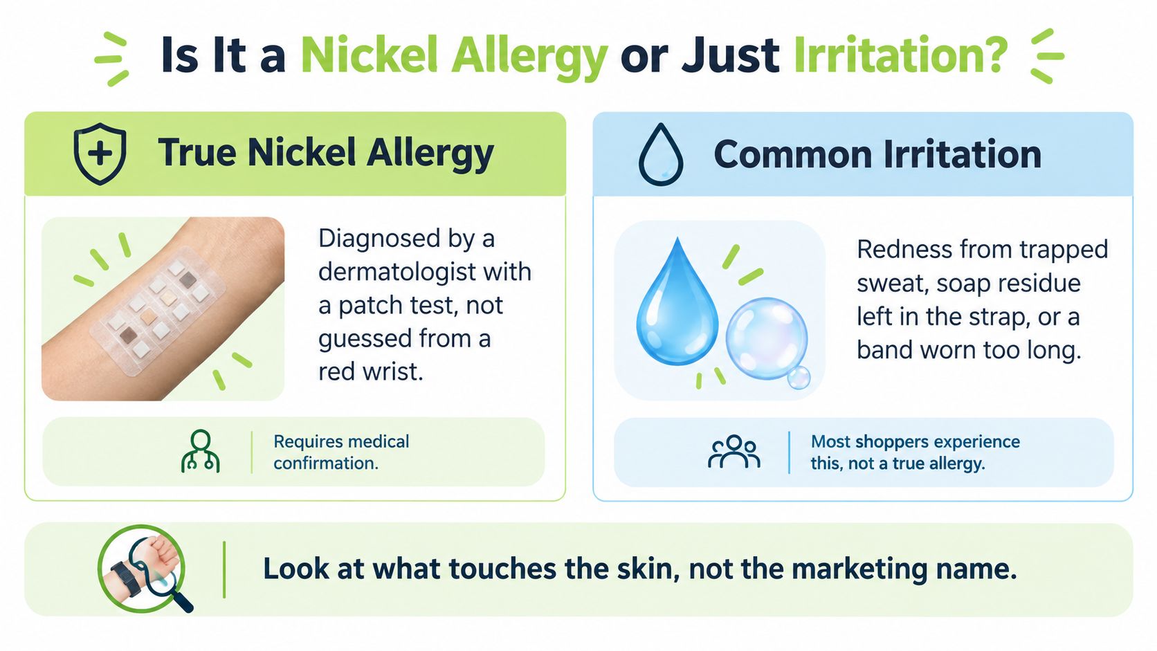 An infographic explaining the differences between a true nickel allergy and skin irritation caused by watch bands.