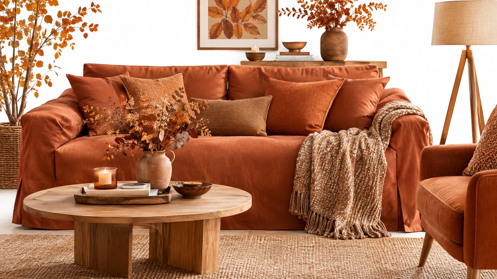 A cozy living room featuring a rust-orange sofa, a wooden coffee table, and warm autumn-themed decor.