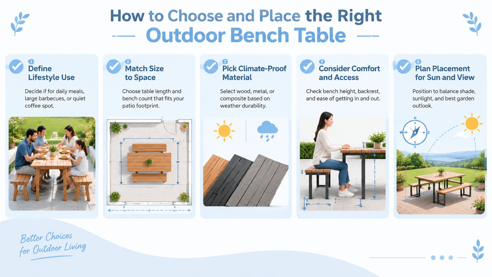 An infographic titled How to Choose and Place the Right Outdoor Bench Table featuring five helpful tips.