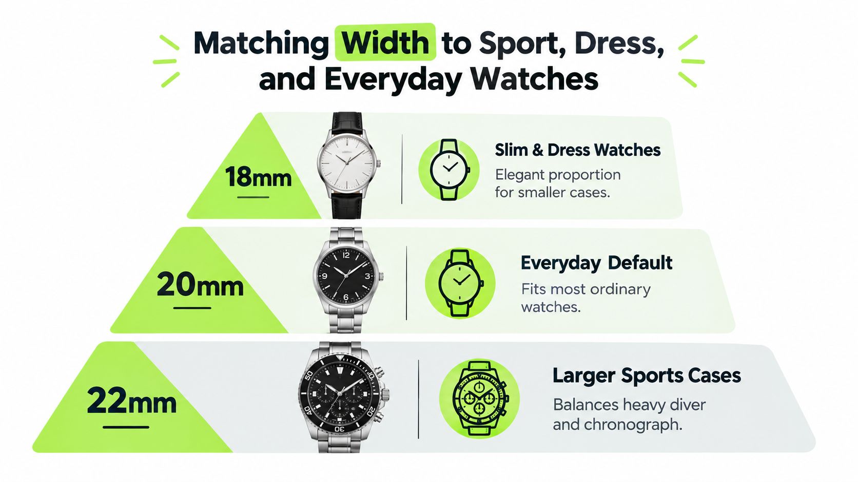 A chart showing watch strap widths of 18mm, 20mm, and 22mm for different styles of watches.