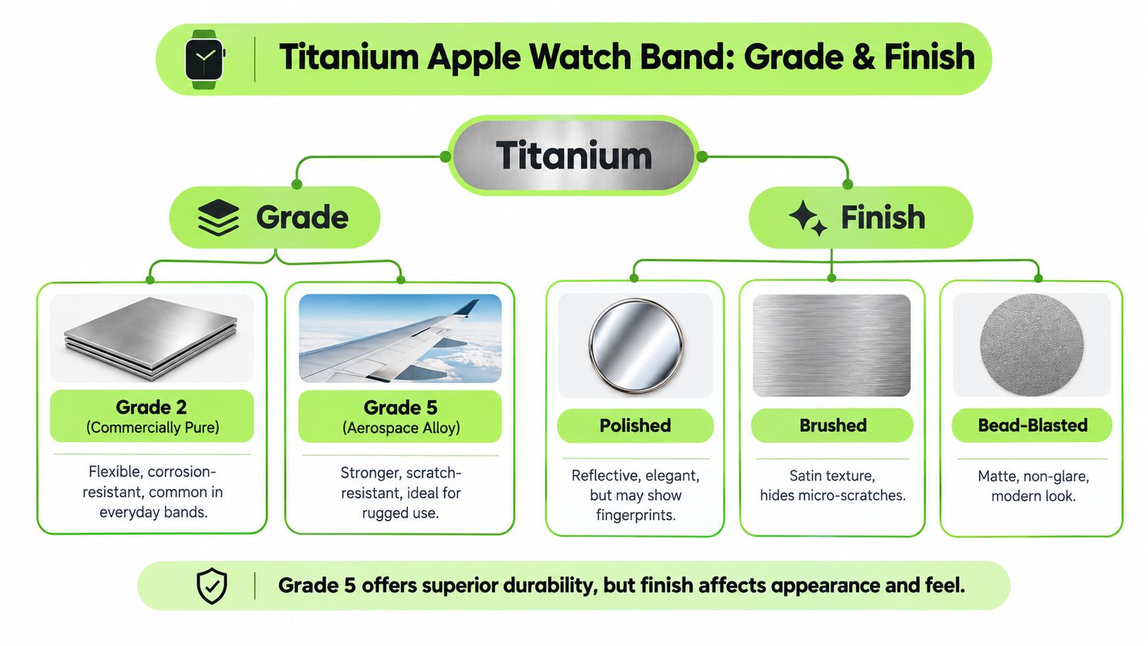 A diagram comparing Titanium Apple Watch bands by material grade and surface finish options.