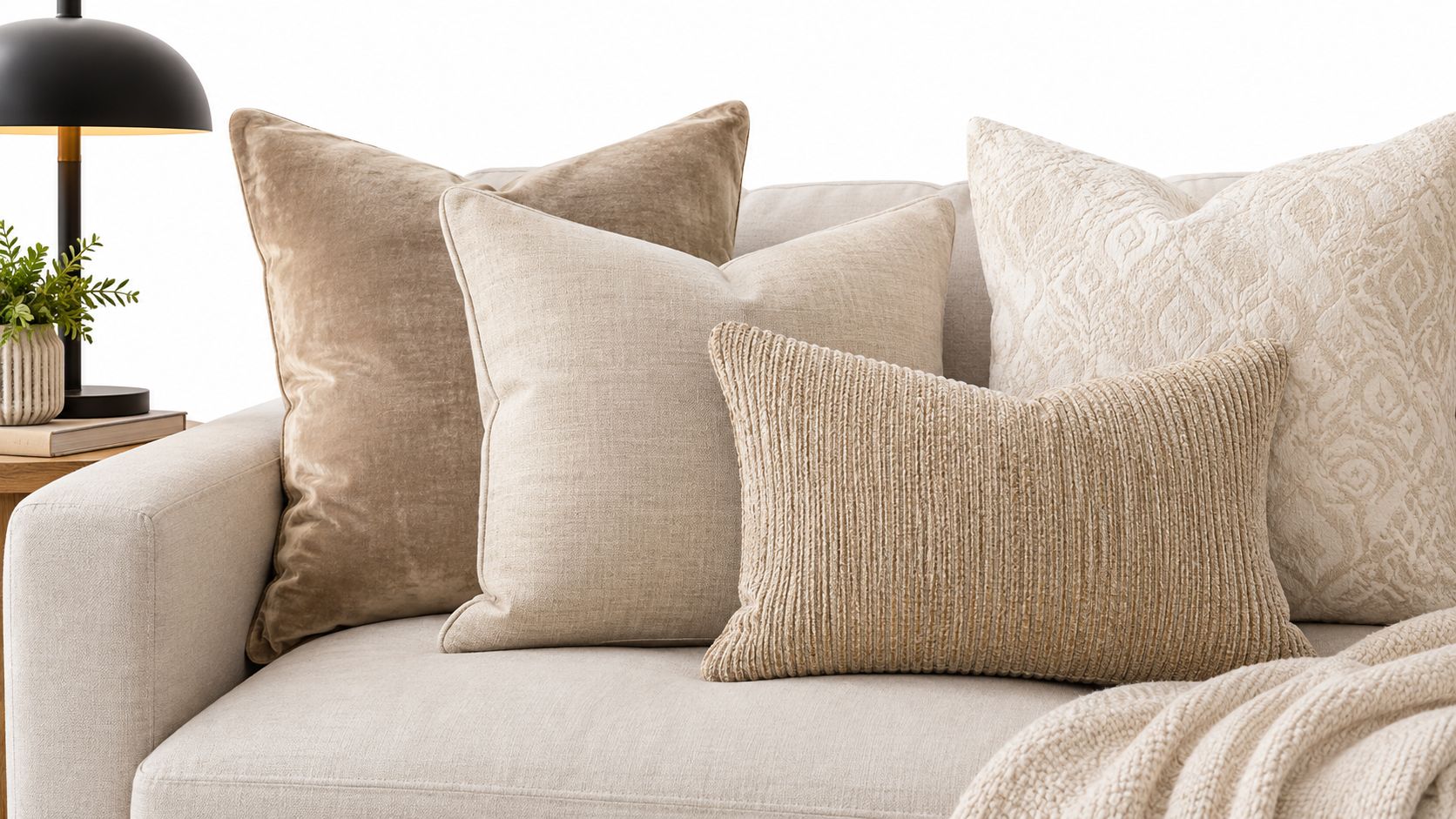 A close-up of a neutral beige sofa decorated with various textured cushions in earth tones.