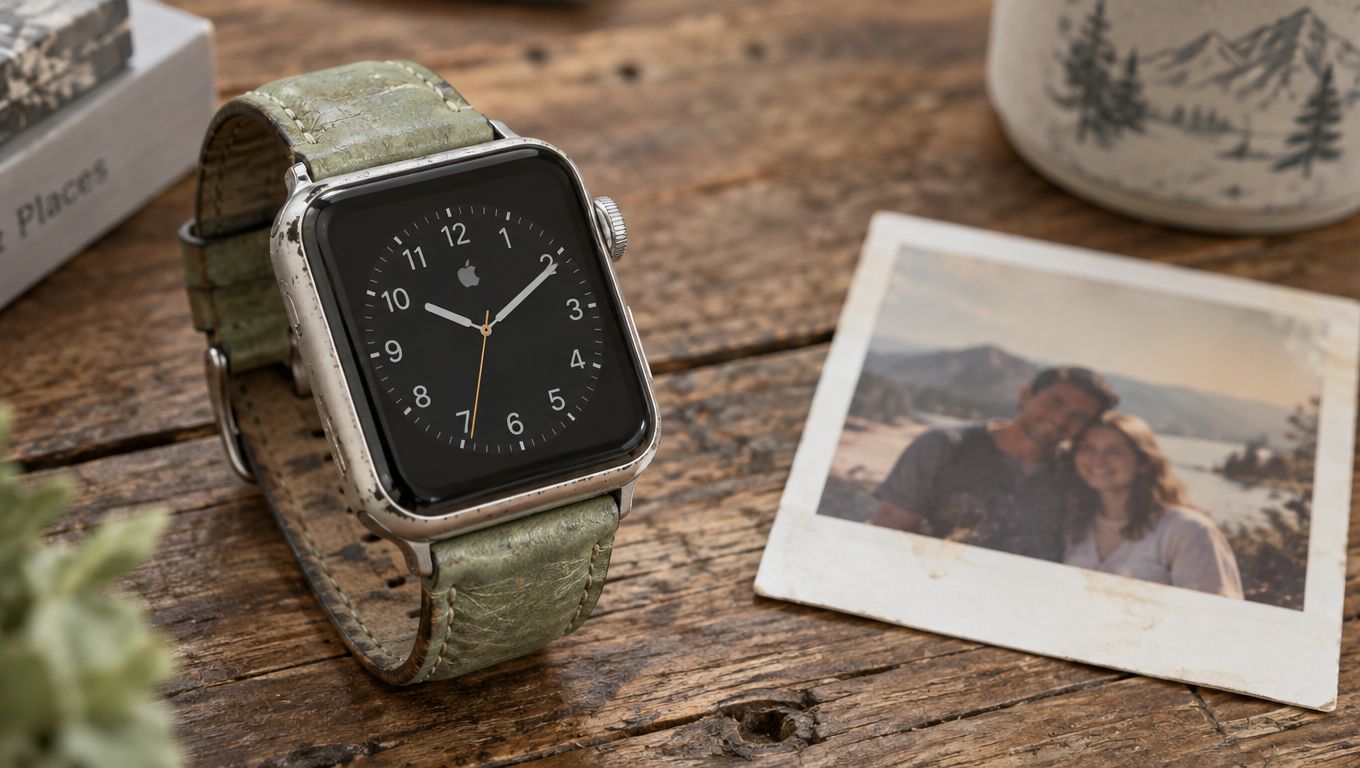 An older Apple Watch with a worn leather band sits on a wooden table next to a faded photograph, symbolizing its long lifespan.