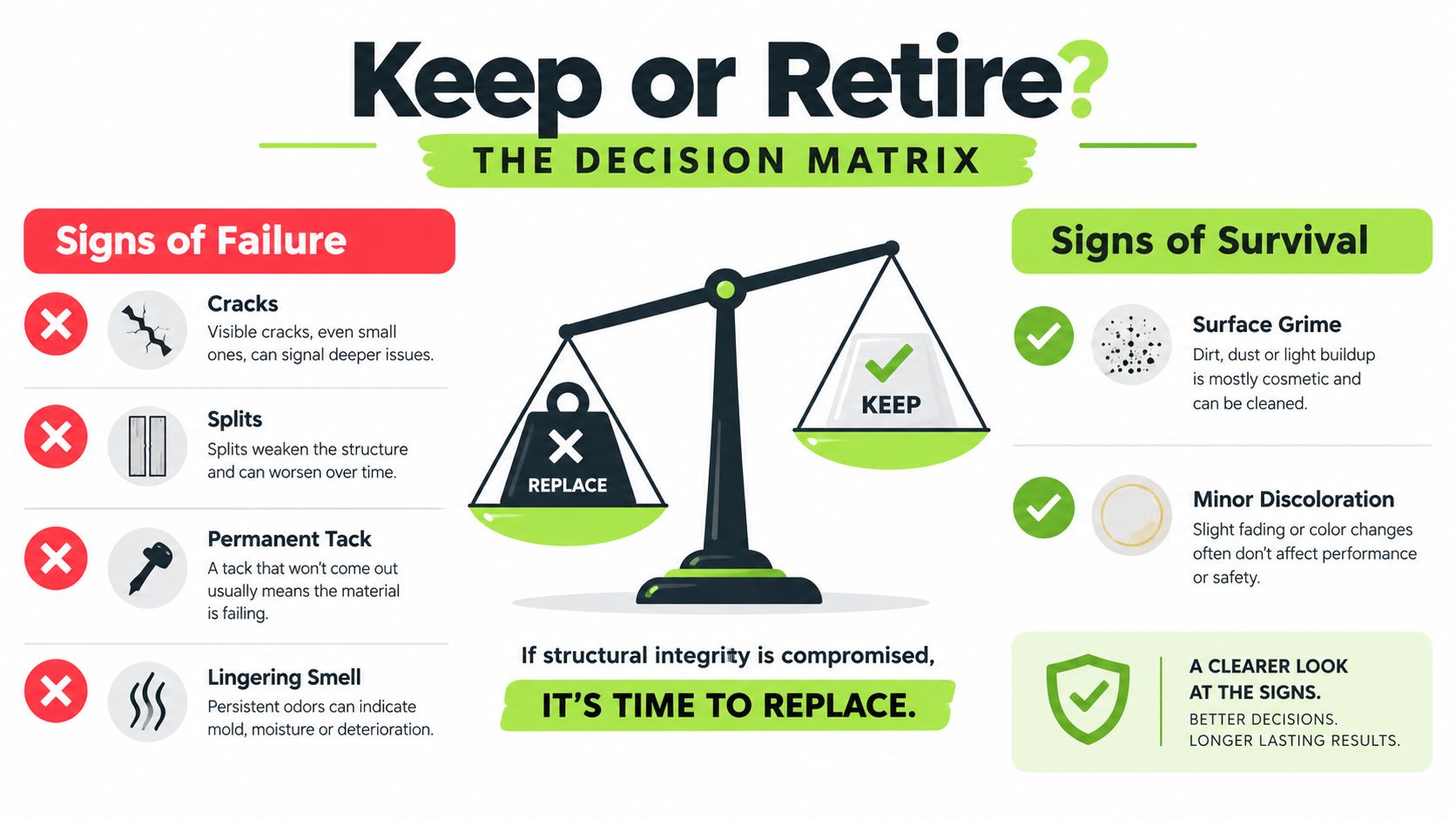 A decision matrix infographic illustrating when to keep or replace items based on visible signs of failure.
