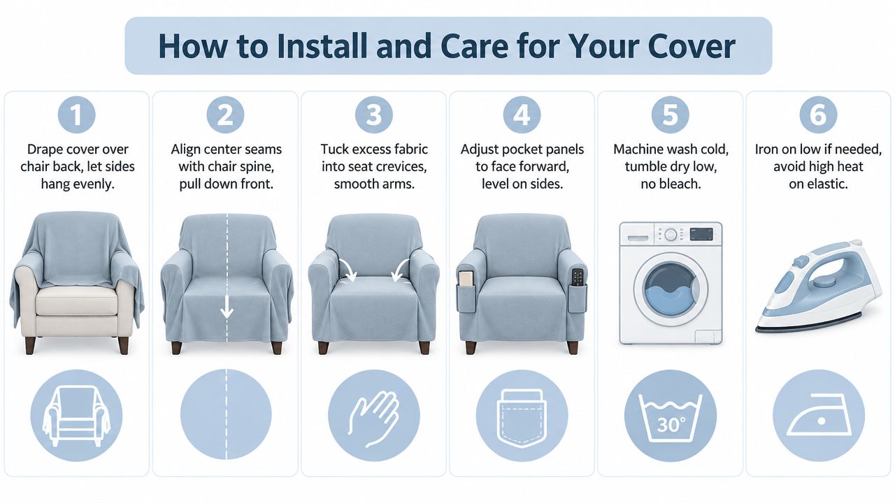 An instructional infographic detailing the step-by-step installation and laundry care instructions for a blue armchair cover.