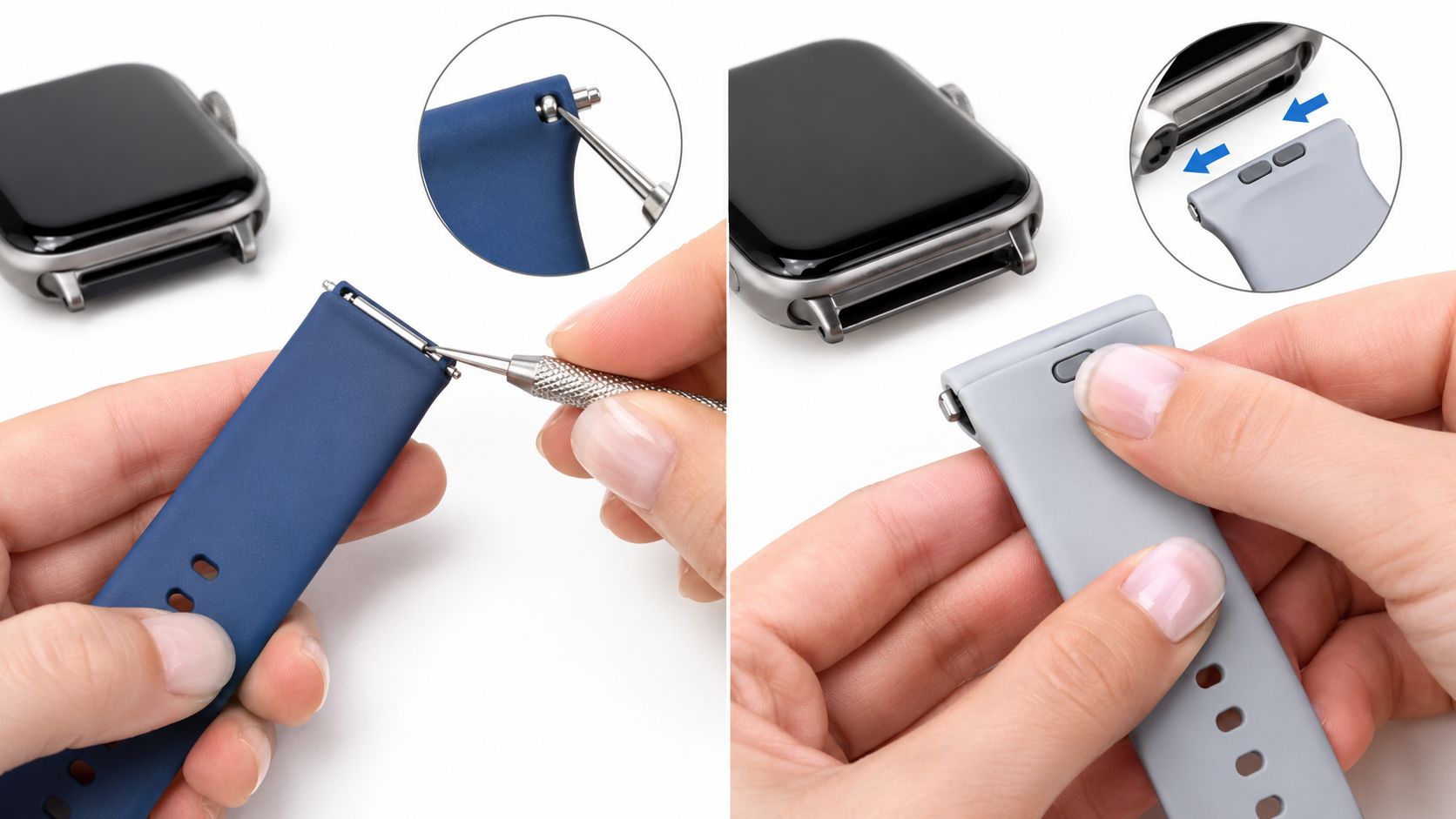 A split image showing two different methods for attaching replacement silicone watch bands to a smartwatch.