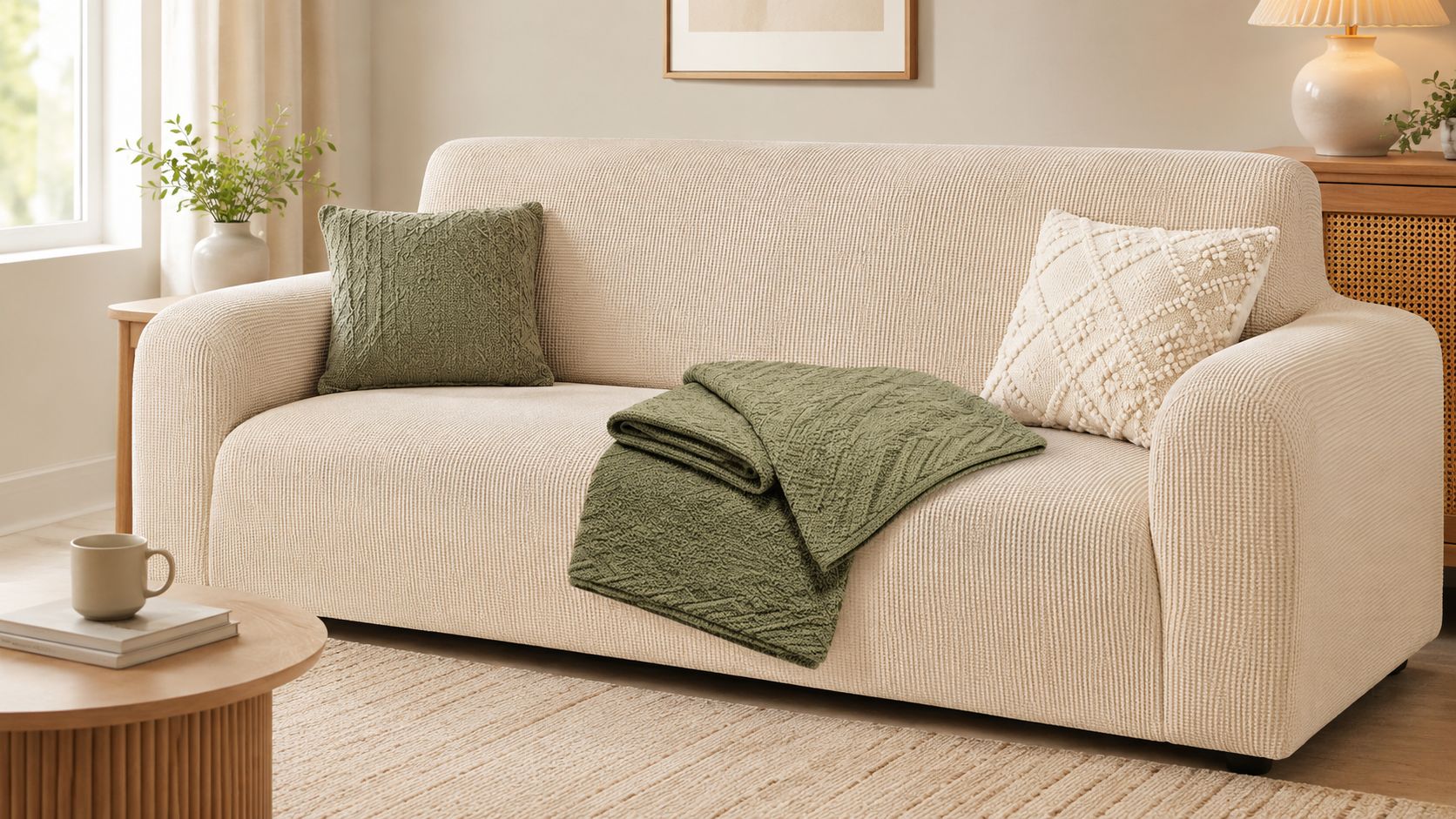 A cozy, light-colored sofa features a soft, textured machine-washable throw blanket and decorative pillows in a bright room.