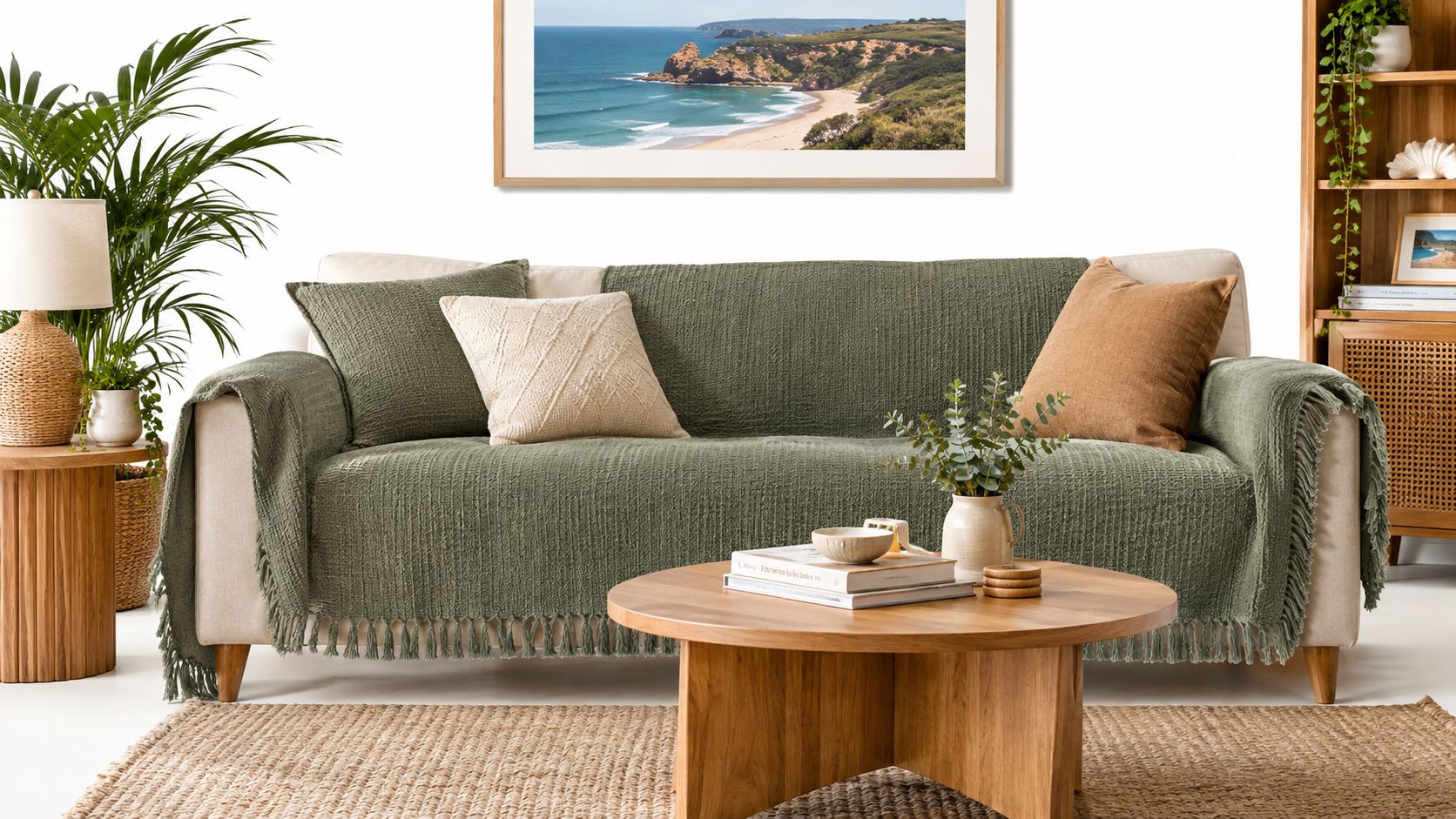 A modern living room features a beige sofa draped with a green textured couch cover.