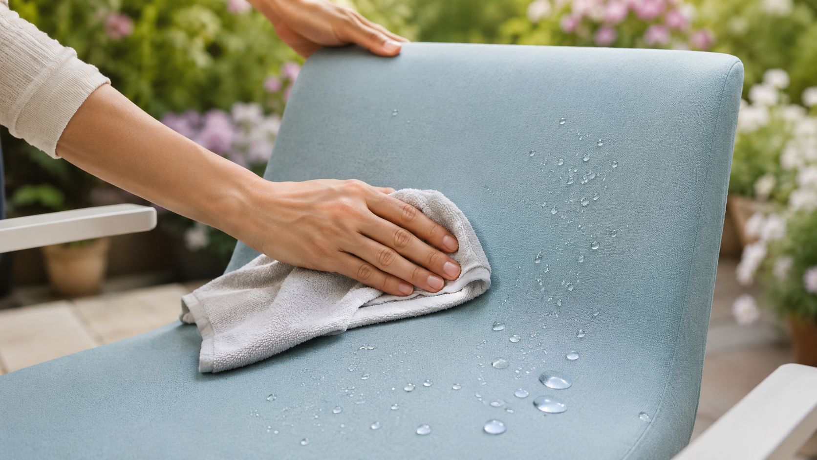 A person's hands wiping clean a light blue waterproof chair cover in a garden setting, demonstrating easy maintenance.