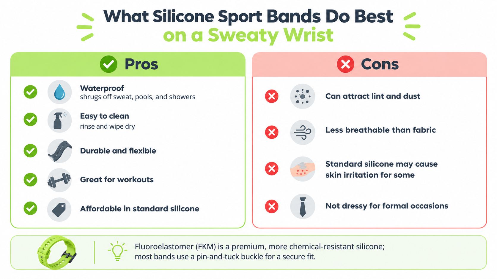 An infographic showing the advantages and disadvantages of wearing silicone sport bands on a sweaty wrist.