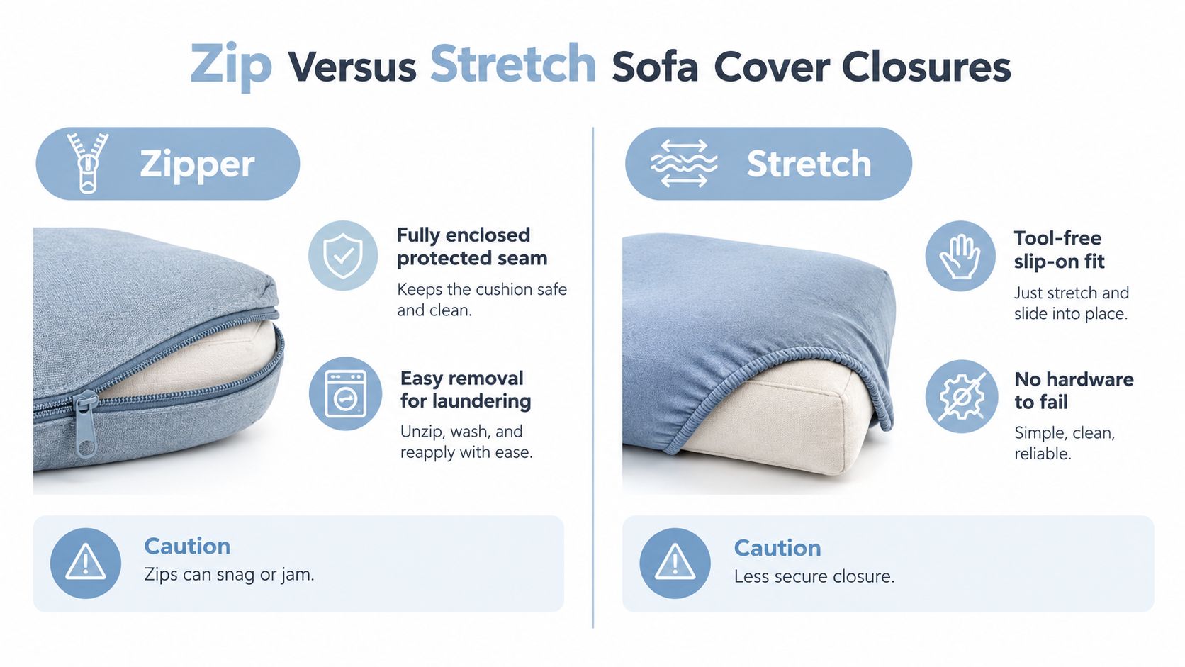 A comparison infographic between zipper and stretch sofa cushion covers, detailing their benefits and potential drawbacks.