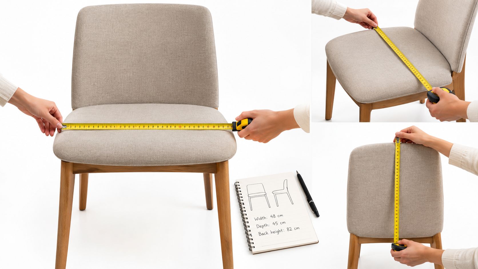A beige fabric dining chair being measured with a tape measure to show its dimensions.
