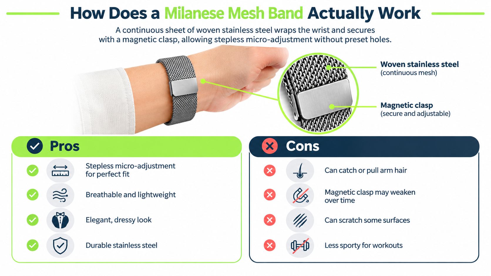 An infographic explaining how a Milanese mesh watch band works, showing its pros, cons, and mechanism.