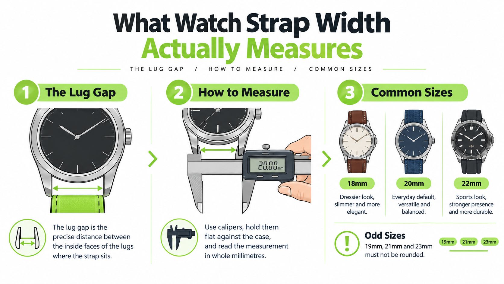 An infographic showing how to measure the lug gap of a watch to determine the correct strap width size.