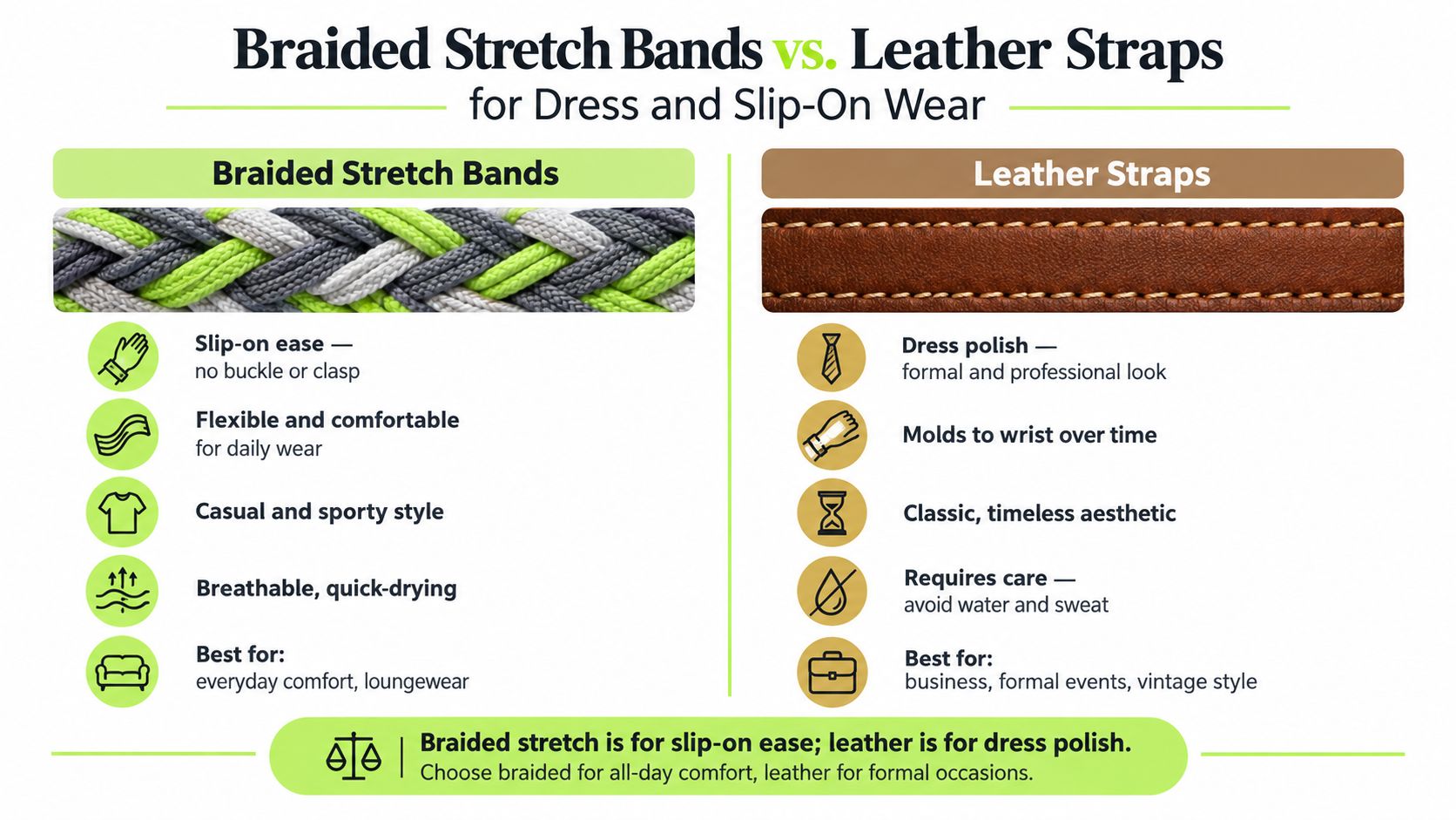 A comparison infographic between braided stretch watch bands and traditional leather watch straps detailing their features.