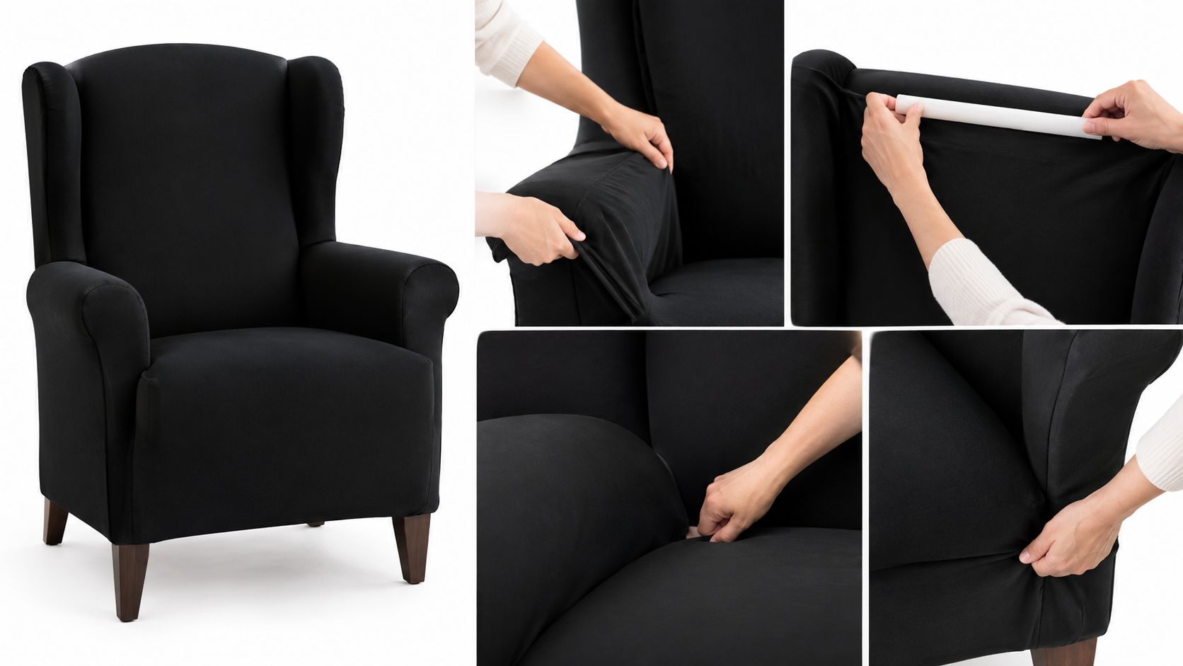 A person demonstrating how to install a black stretch fabric slipcover on a classic wingback armchair.