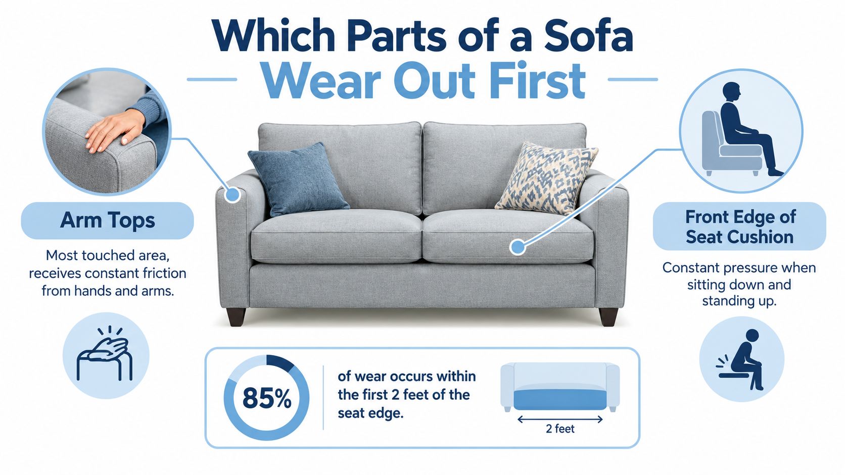 A diagram illustrating the parts of a sofa that typically wear out first due to frequent use.