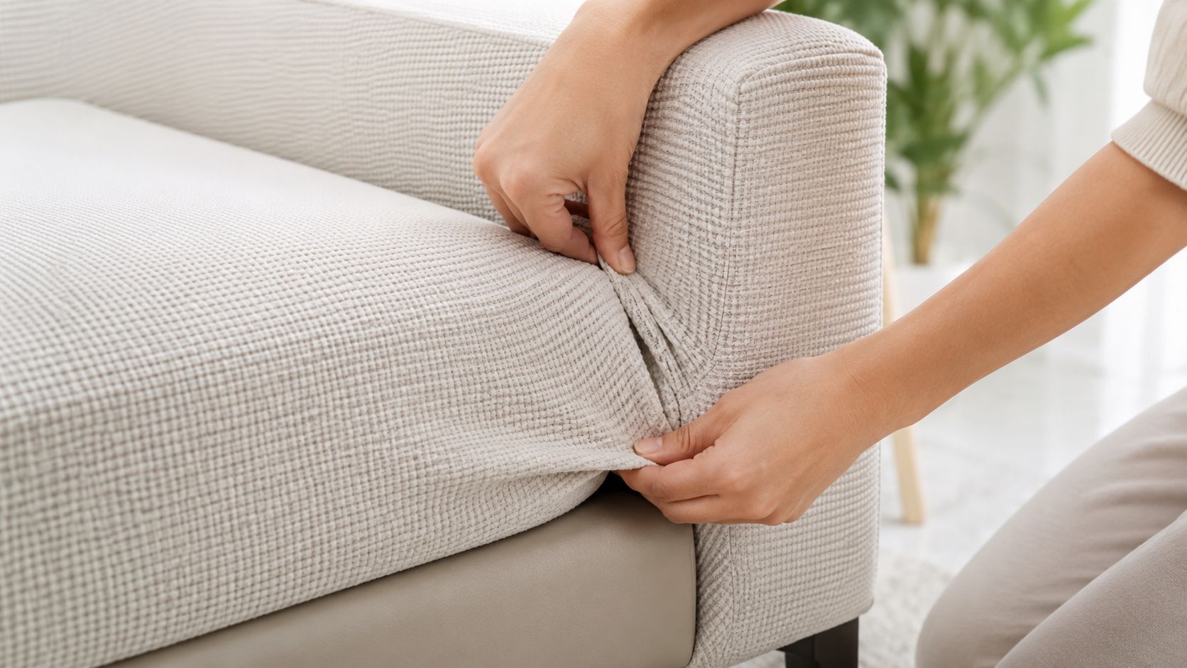 A person carefully adjusts and tucks a beige textured sofa cover onto a piece of furniture.