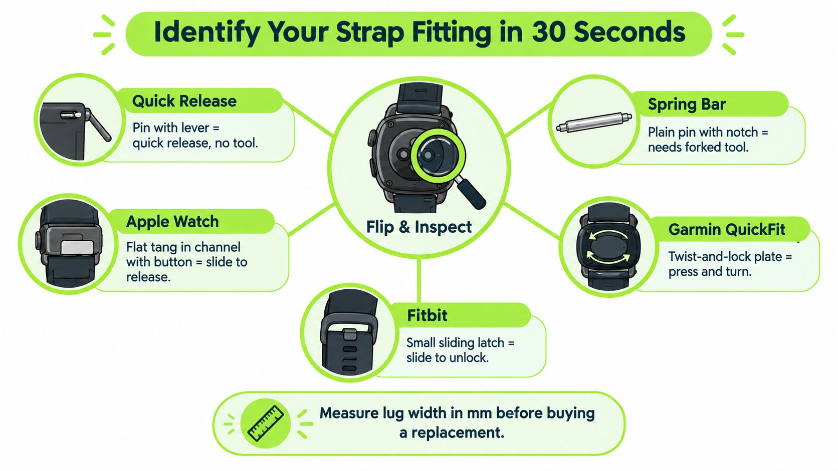 An instructional infographic detailing various methods for identifying different types of watch strap attachment mechanisms.