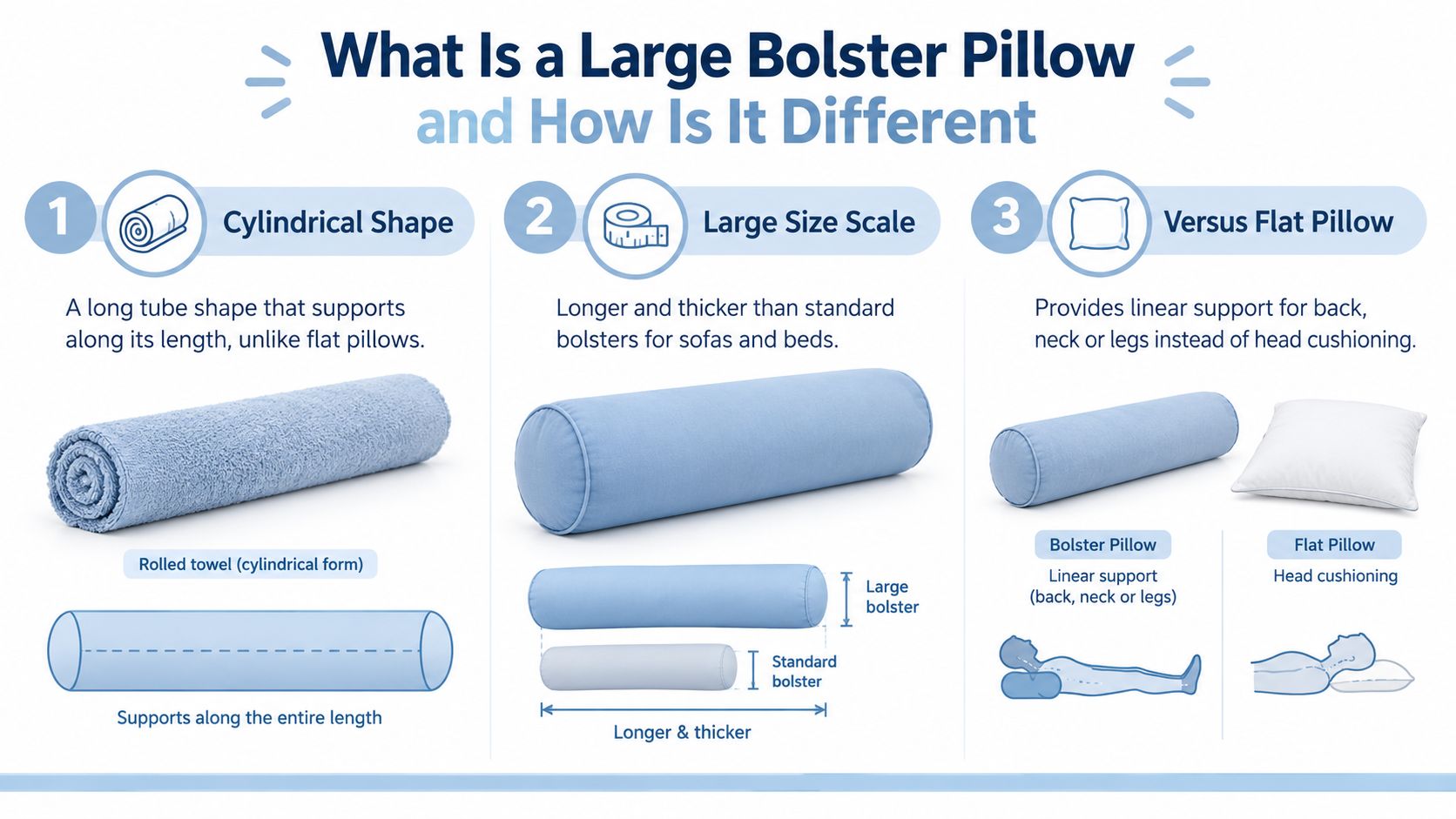 An infographic explaining the characteristics of a large bolster pillow, including its shape, size, and differences from flat pillows.