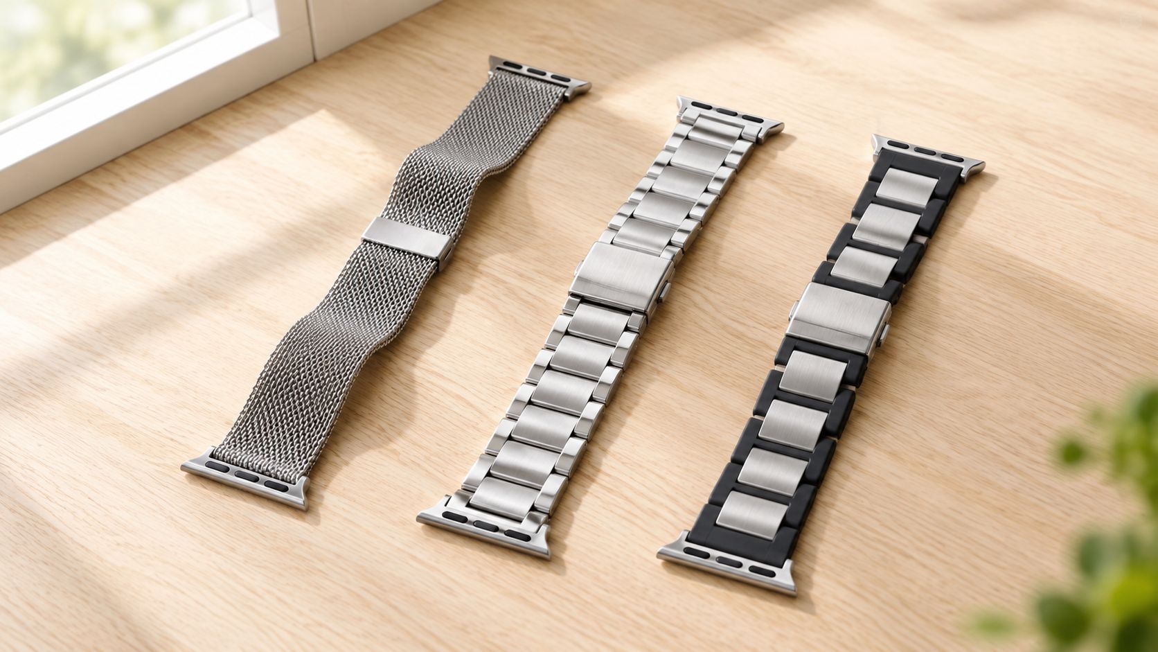 Three different styles of stainless steel watch bands laid out on a light wooden table surface.
