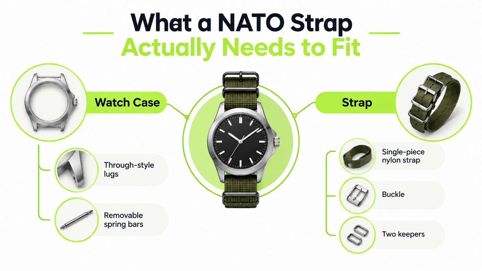 A diagram explaining the necessary watch case and strap components required to attach a NATO watch strap.