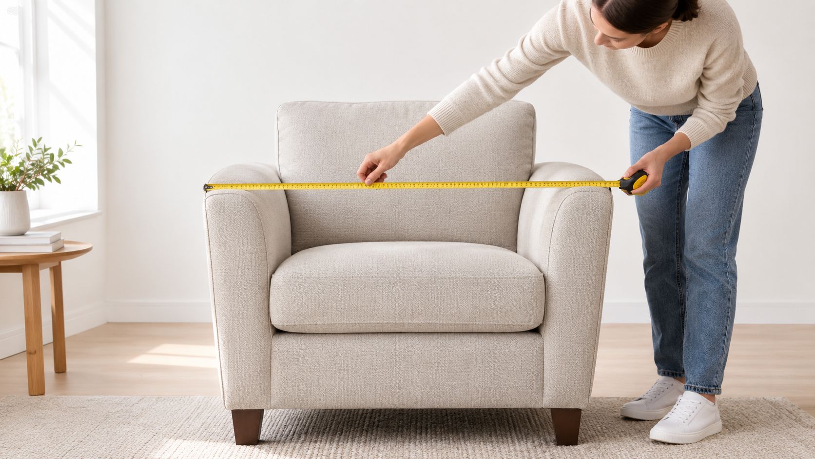 A woman measuring the width of a light beige upholstered armchair with a yellow tape measure.