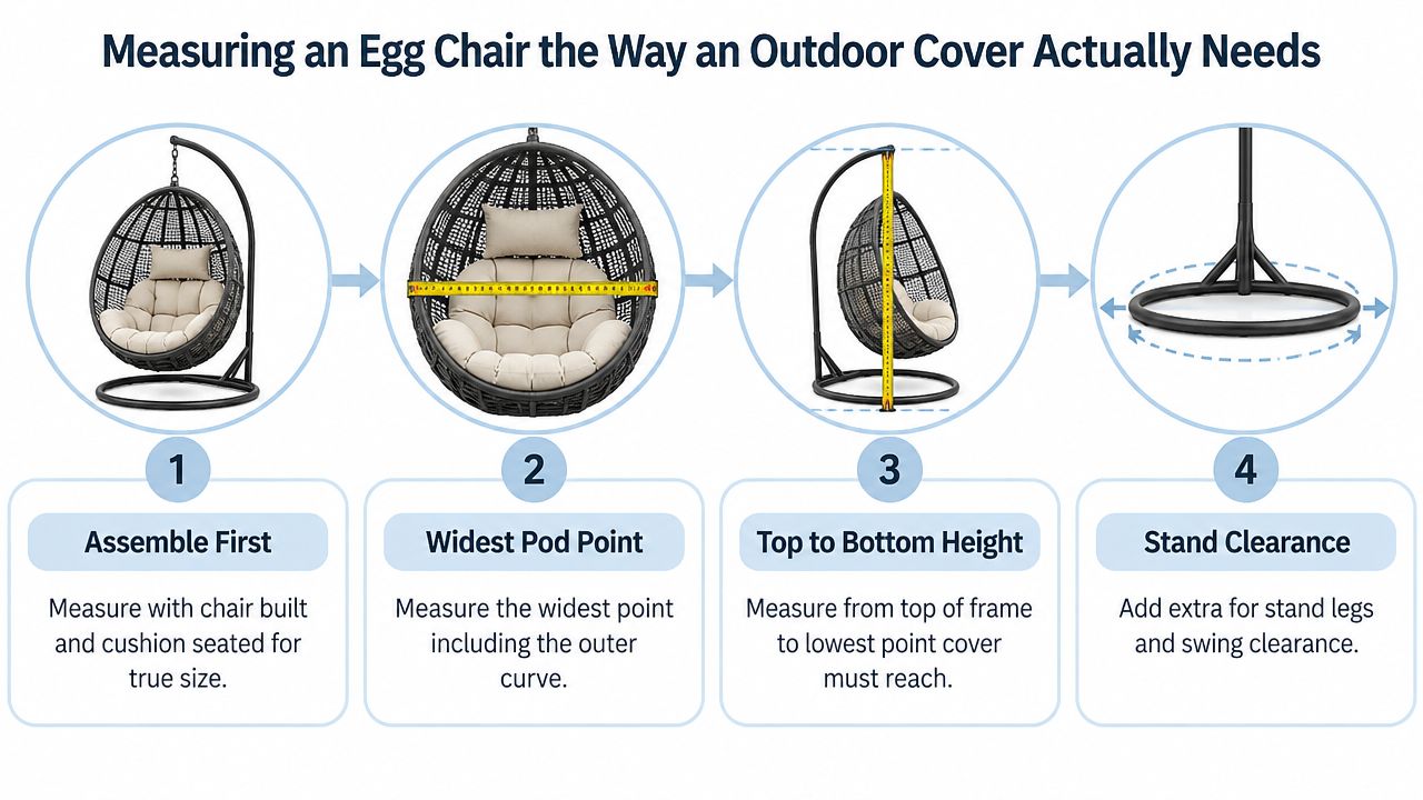 A diagram illustrating four steps on how to properly measure an egg chair for an outdoor cover.