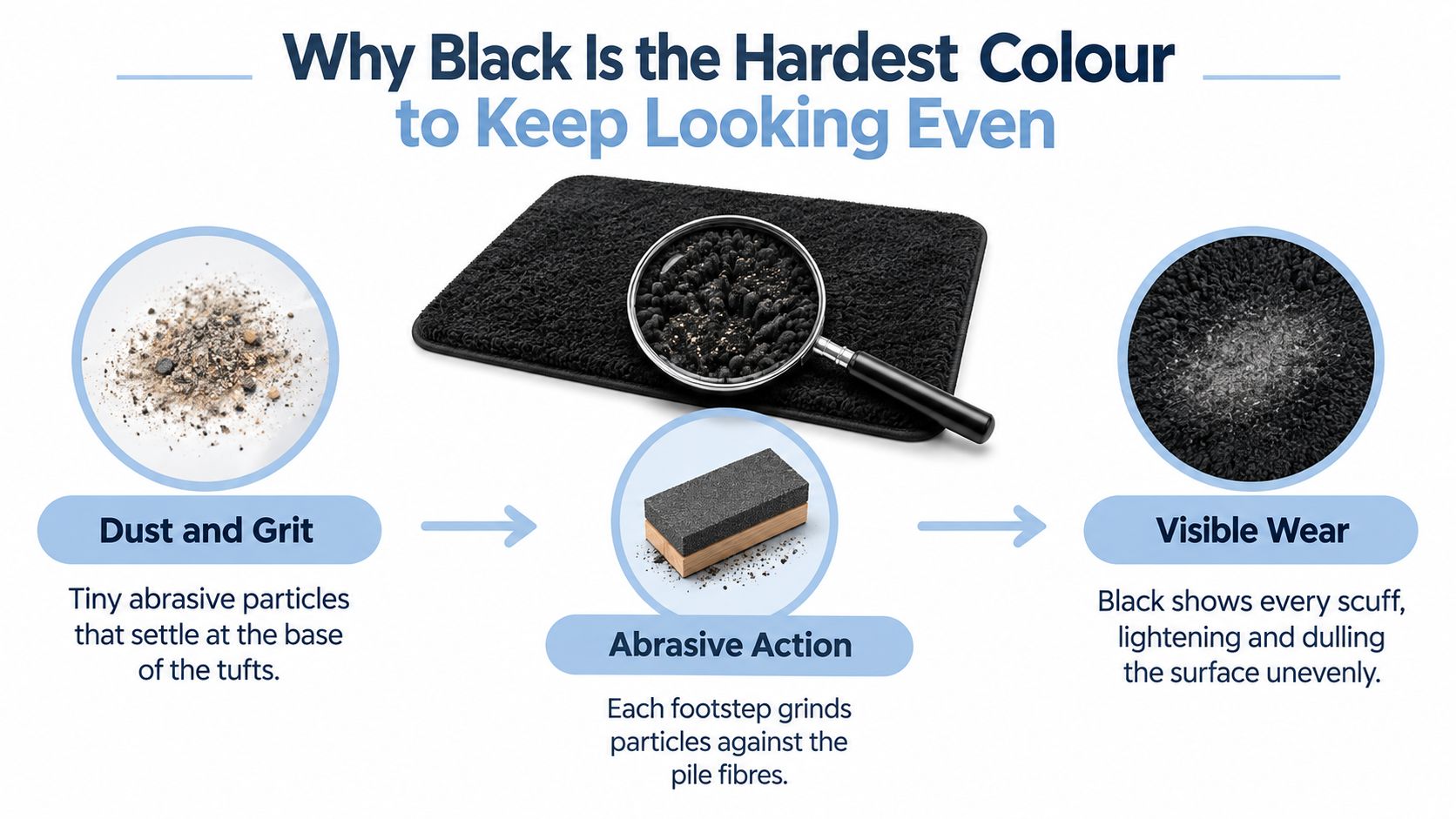 An infographic showing why black bathroom mats are difficult to maintain due to dust, grit, and abrasive wear.