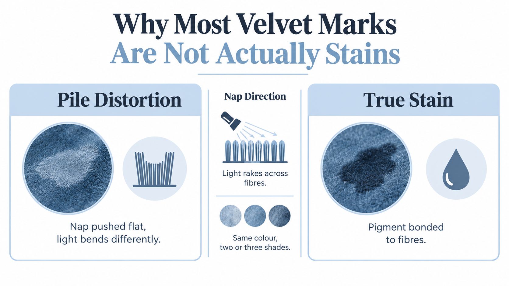 An infographic explaining the difference between velvet pile distortion and a true fabric stain.