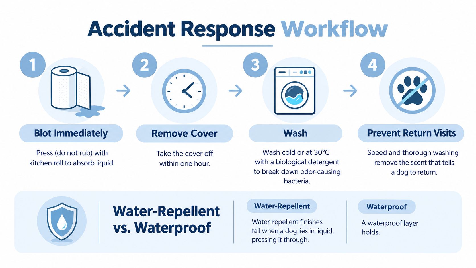 An instructional infographic titled Accident Response Workflow showing four steps to clean pet accidents from furniture.