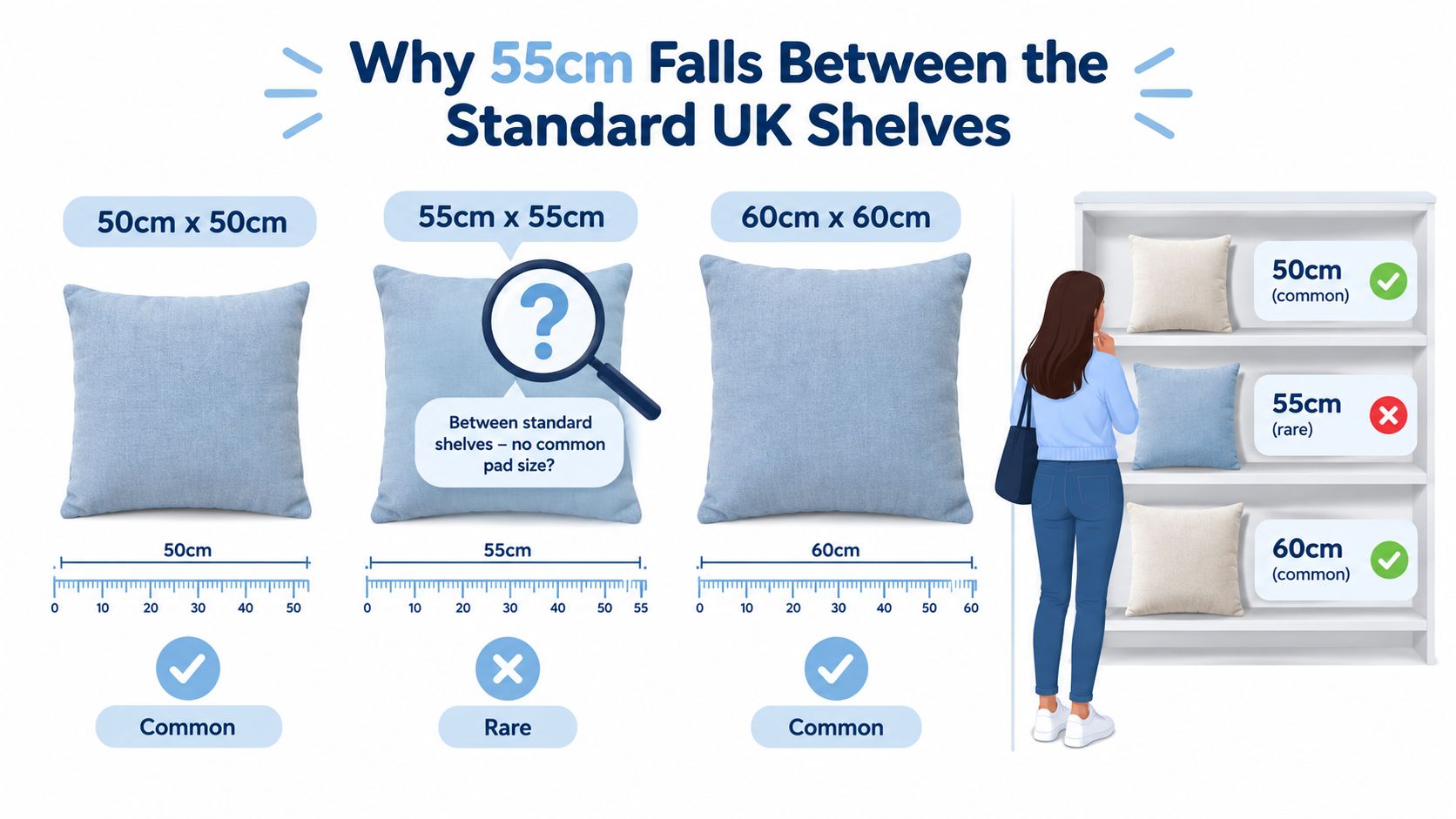A diagram illustrating why 55cm cushion covers are rare compared to standard 50cm and 60cm shelf sizes.