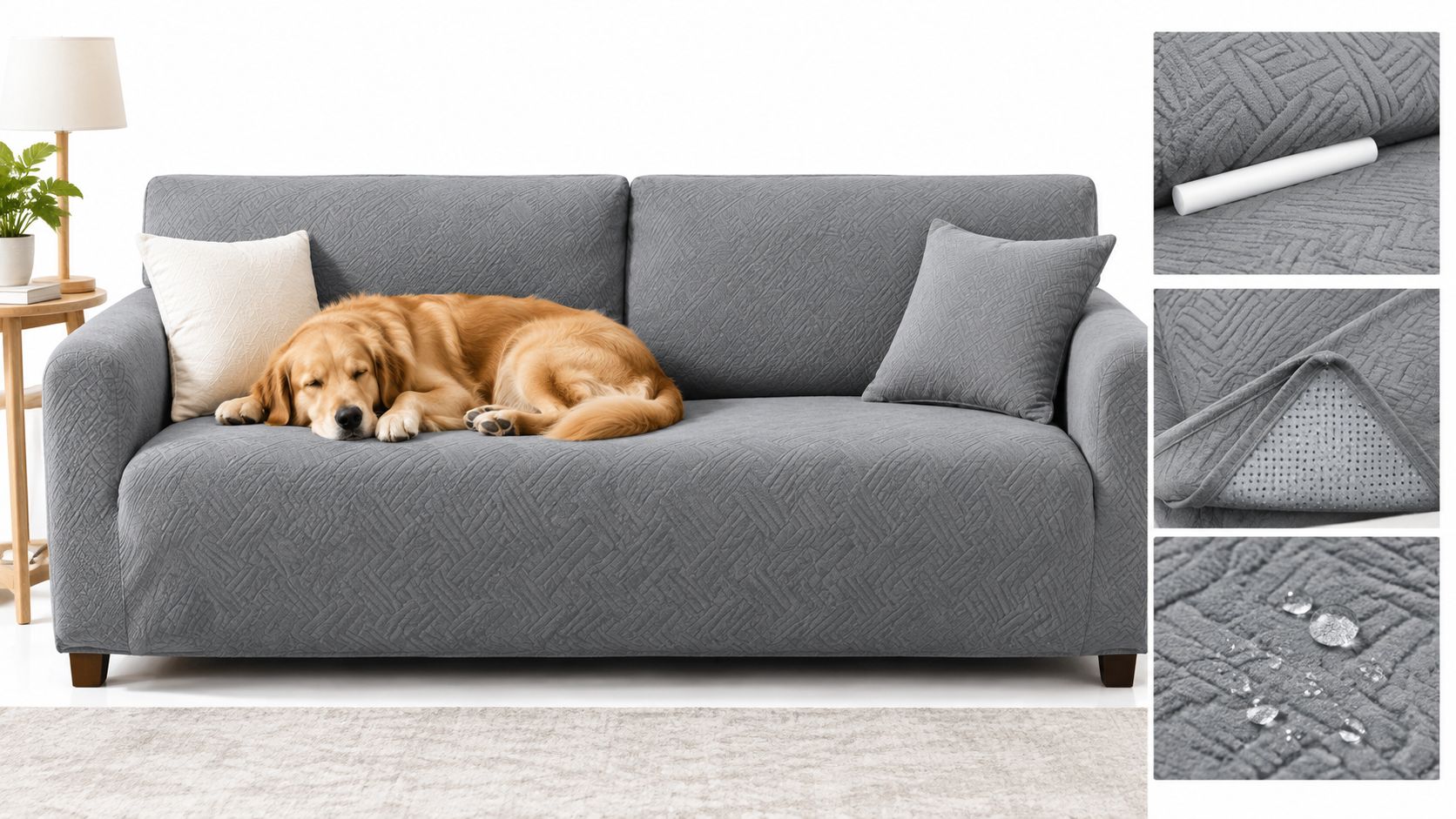 A golden retriever sleeping on a grey textured sofa cover inside a modern living room setting.
