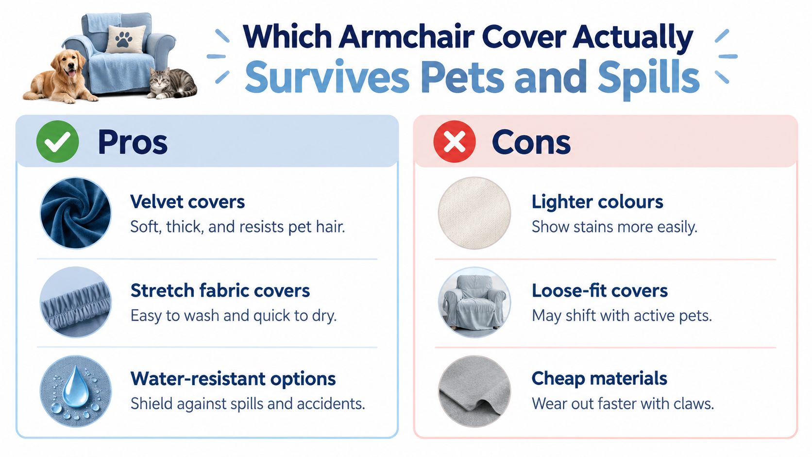 A pros and cons infographic comparing different types of armchair covers for homes with pets.