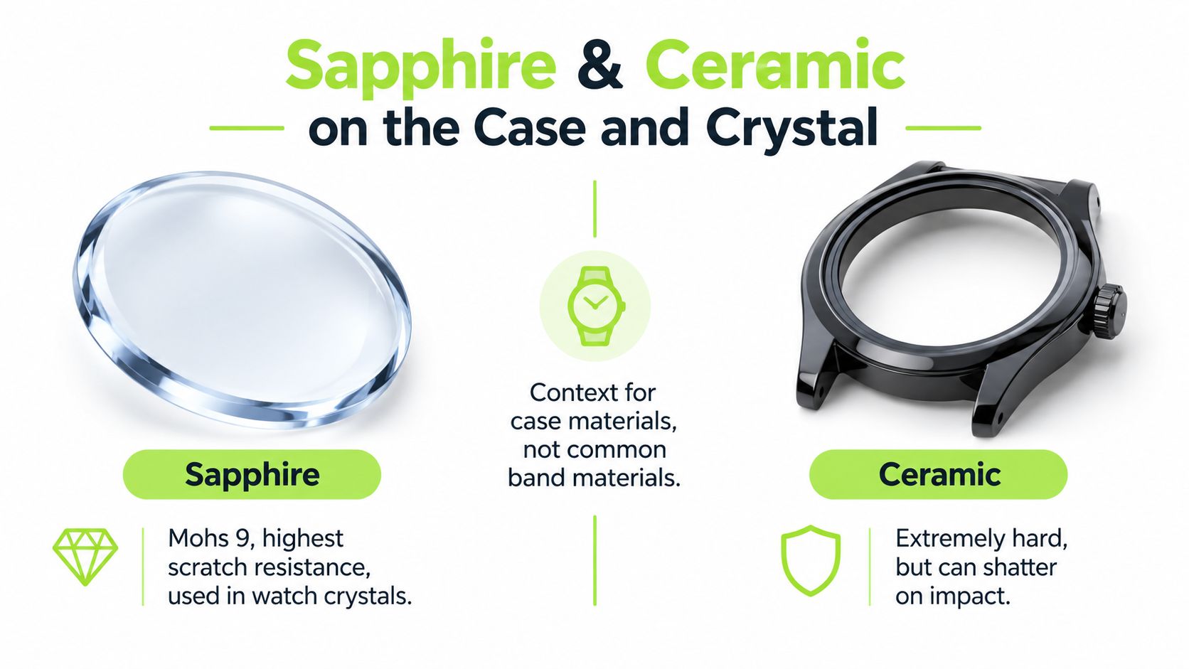 A diagram comparing the properties of sapphire crystal and ceramic material used in luxury watch manufacturing.