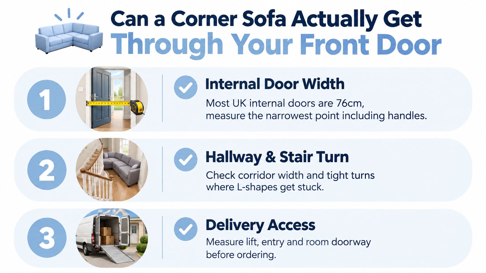 A helpful infographic outlining three essential measurements to check before ordering a new corner sofa.