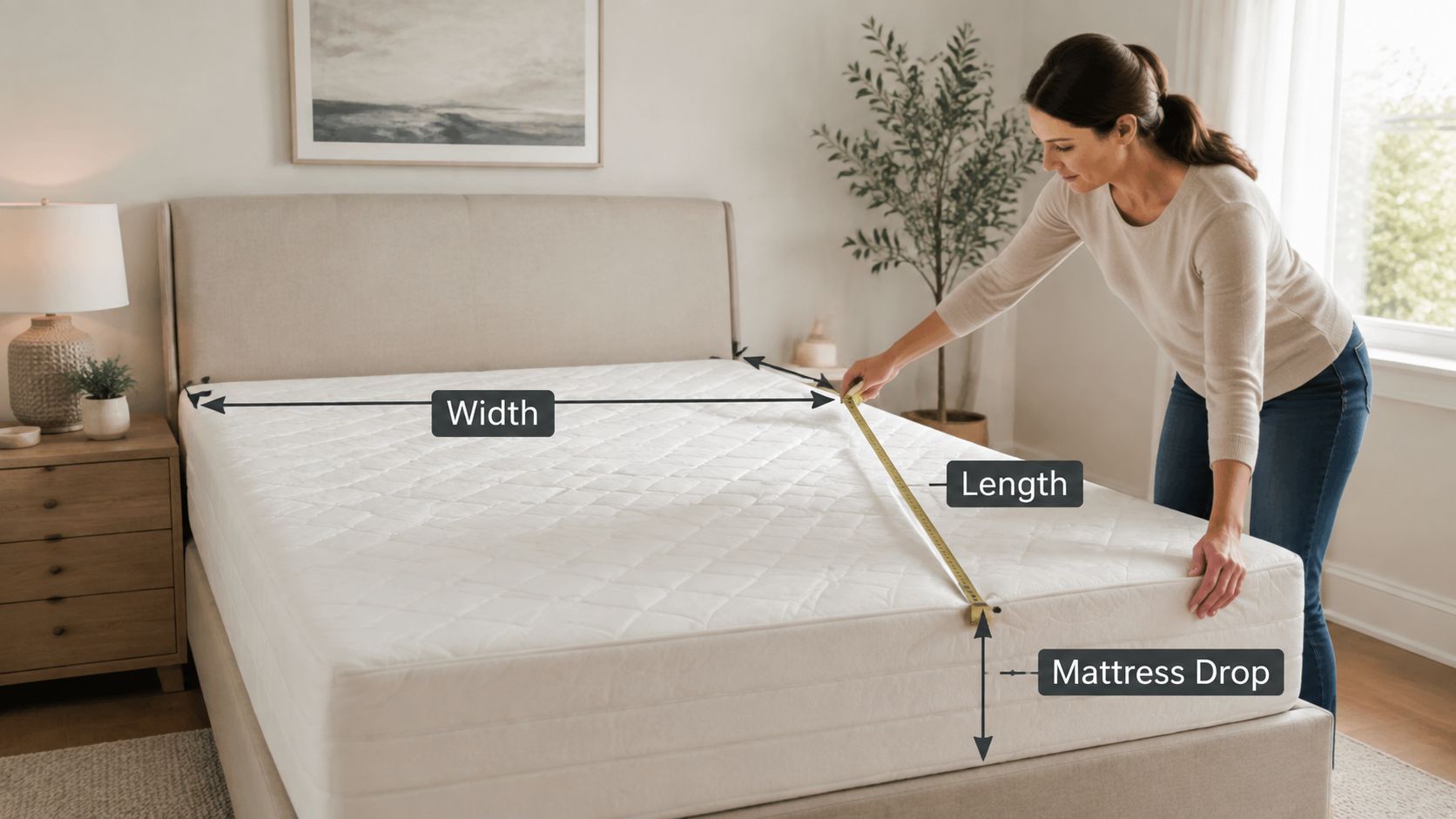 A person measuring a bed, with graphical overlays showing the width, length, and mattress drop dimensions needed for a blanket.