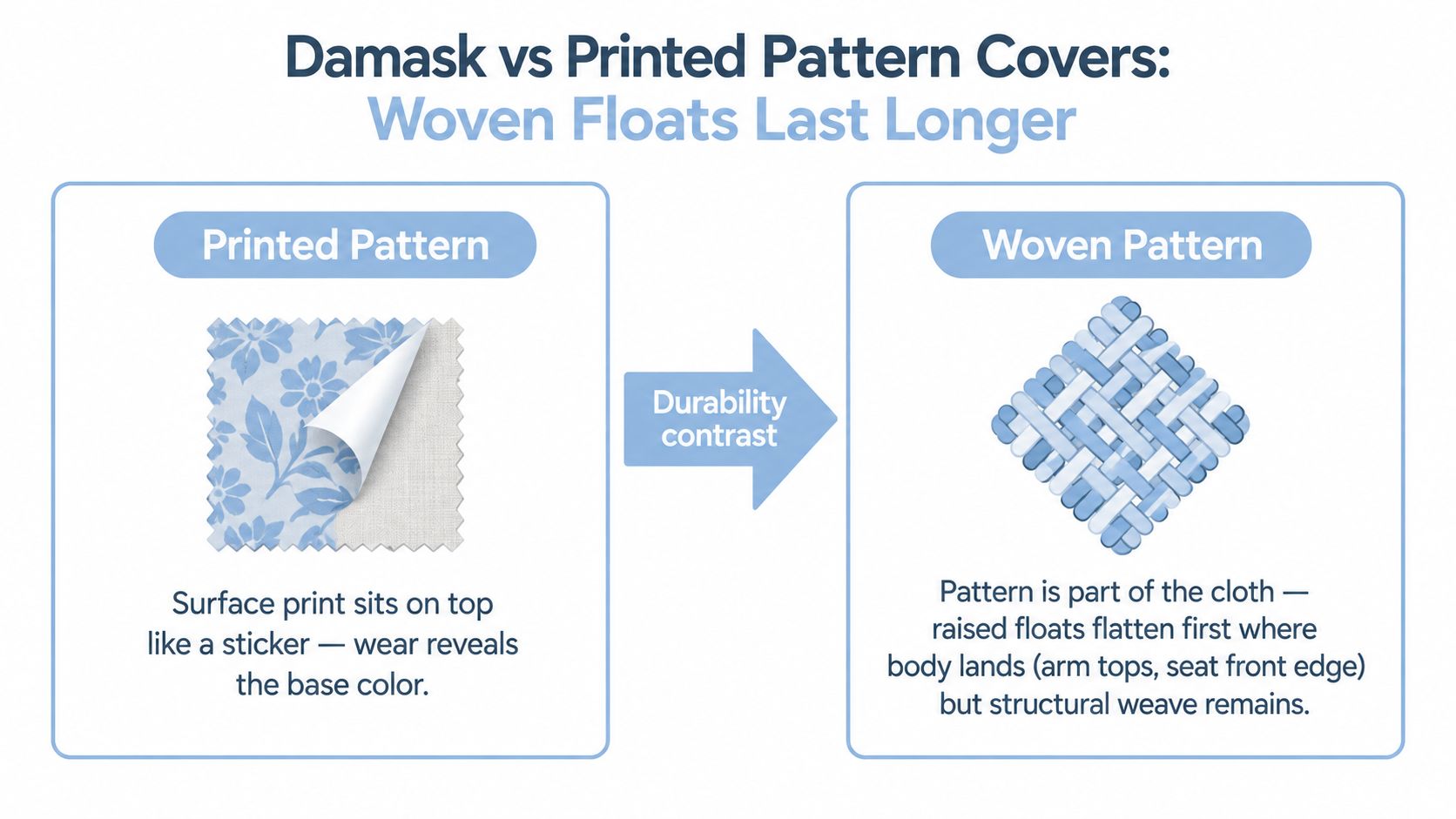 An infographic comparing printed and woven fabric patterns for sofa covers, highlighting durability differences.