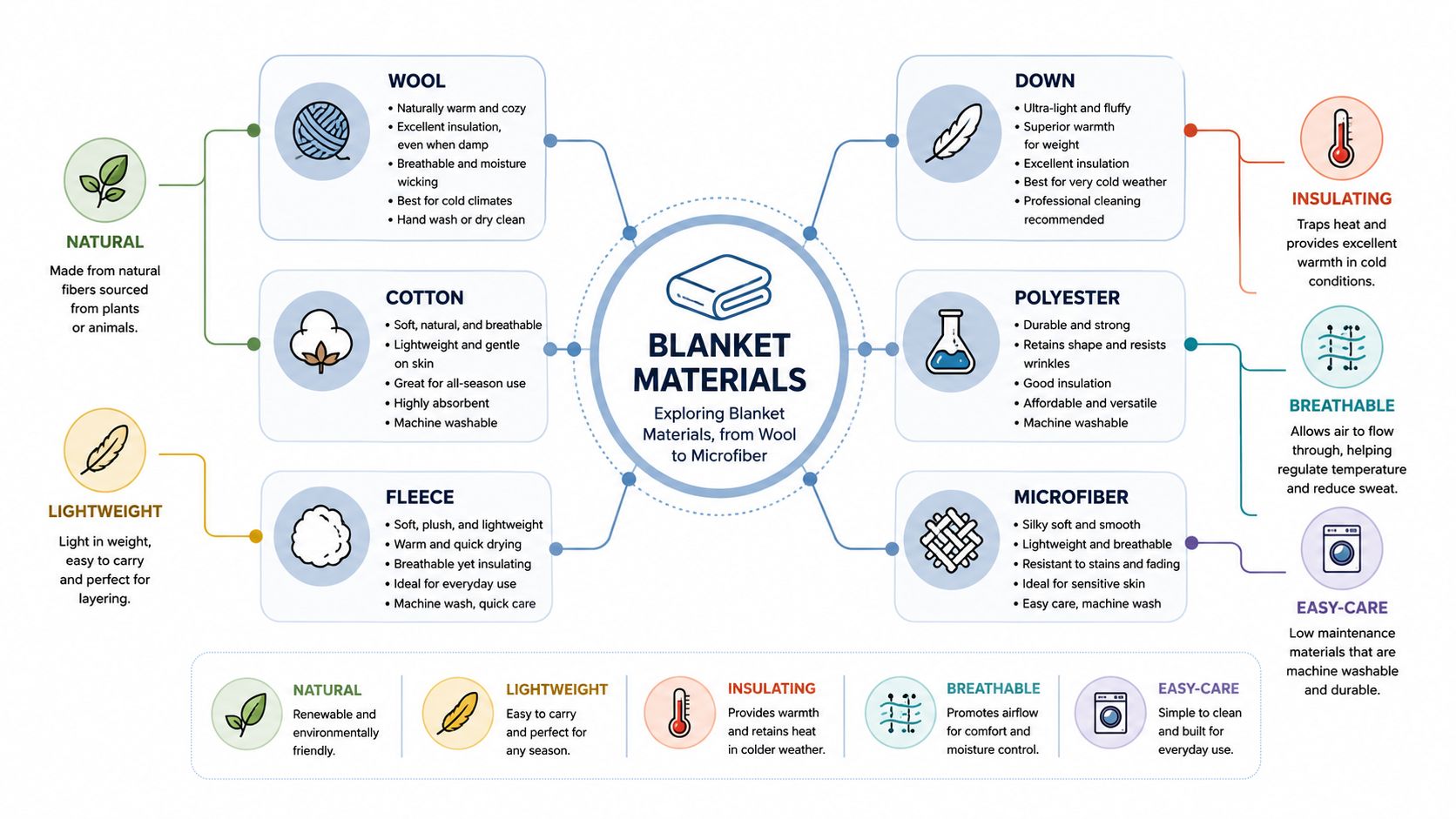 A concept map in French illustrating the key factors for blanket selection: weave, weight, and insulation, and their corresponding benefits.